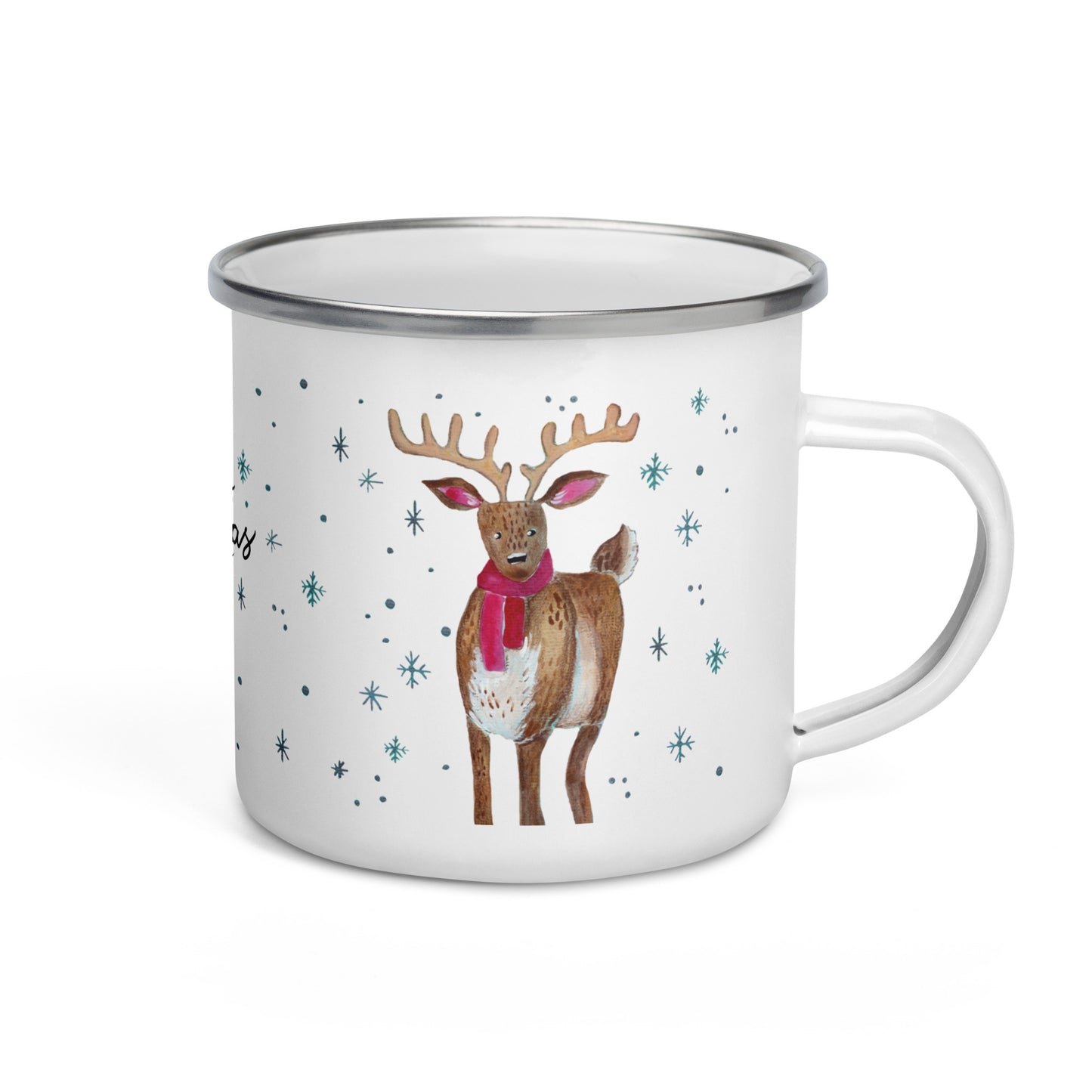 🎄 Whimsical Deer Christmas Enamel Camper Mug – Watercolor “Merry Christmas” Deer in Cozy Shawl 🦌✨ - SANDRAAS