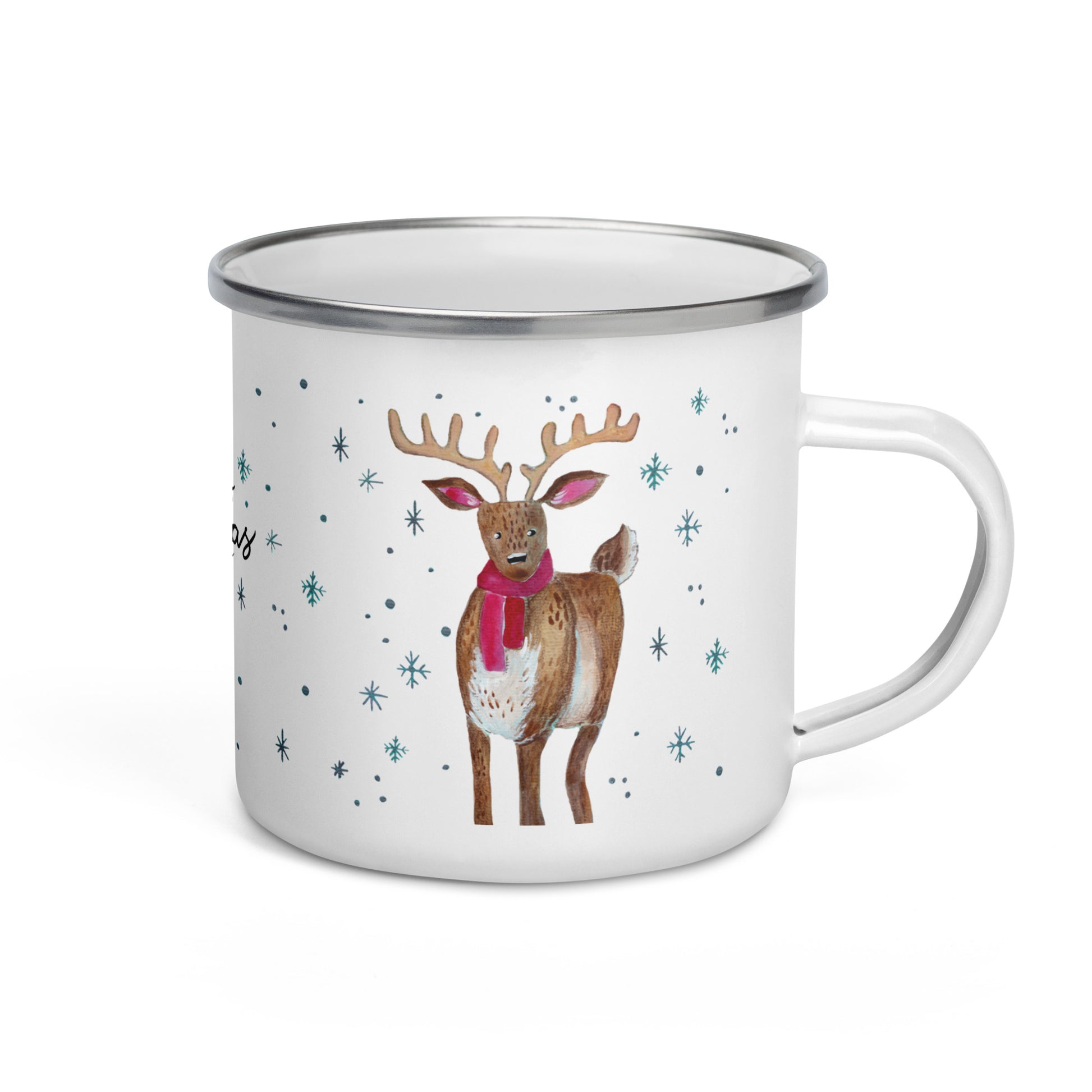 🎄 Whimsical Deer Christmas Enamel Camper Mug – Watercolor “Merry Christmas” Deer in Cozy Shawl 🦌✨ - SANDRAAS