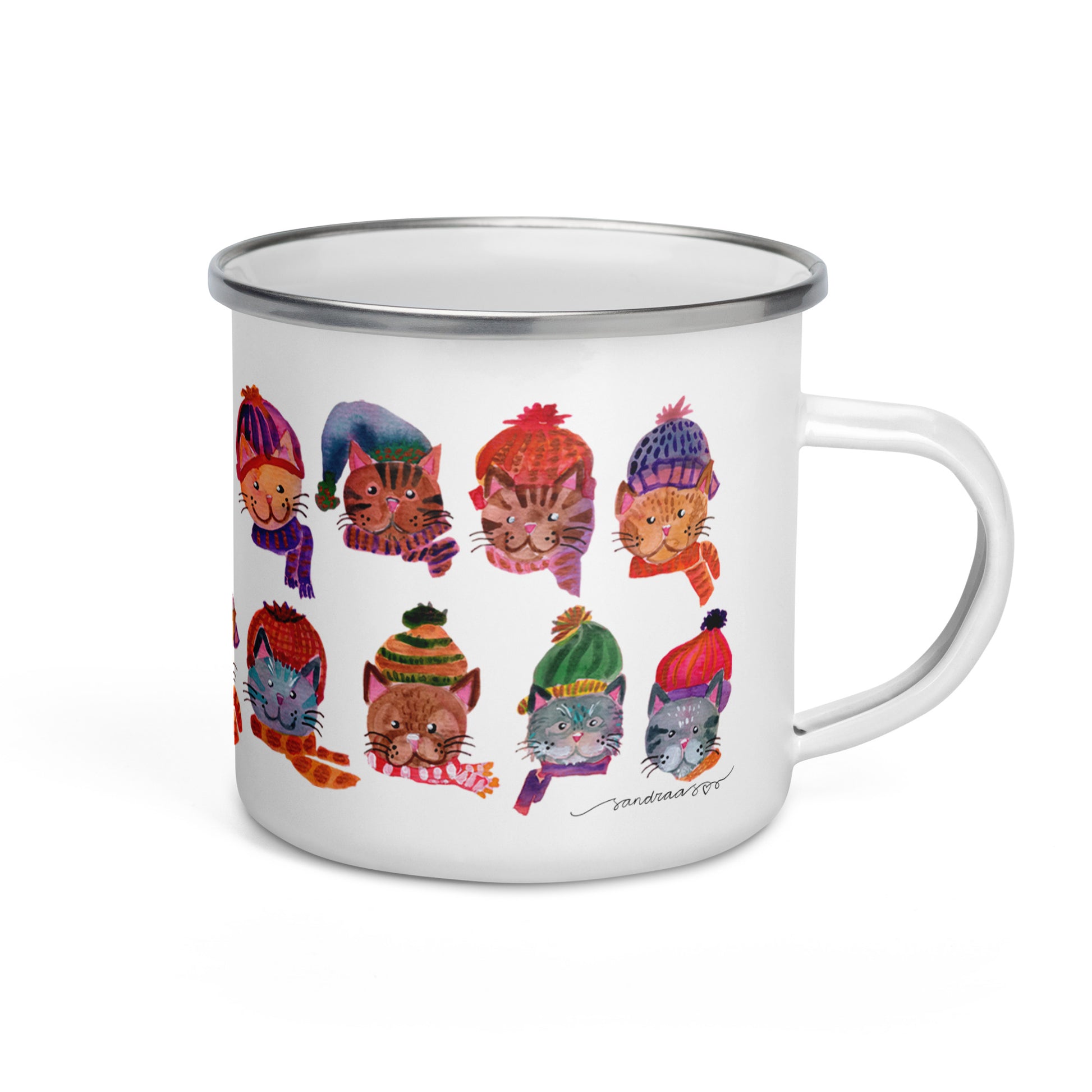 🎄 Cozy Christmas Cats Enamel Camper Mug – Watercolor Cats in Knitted Hats & Shawls 🐱🧣✨ - SANDRAAS