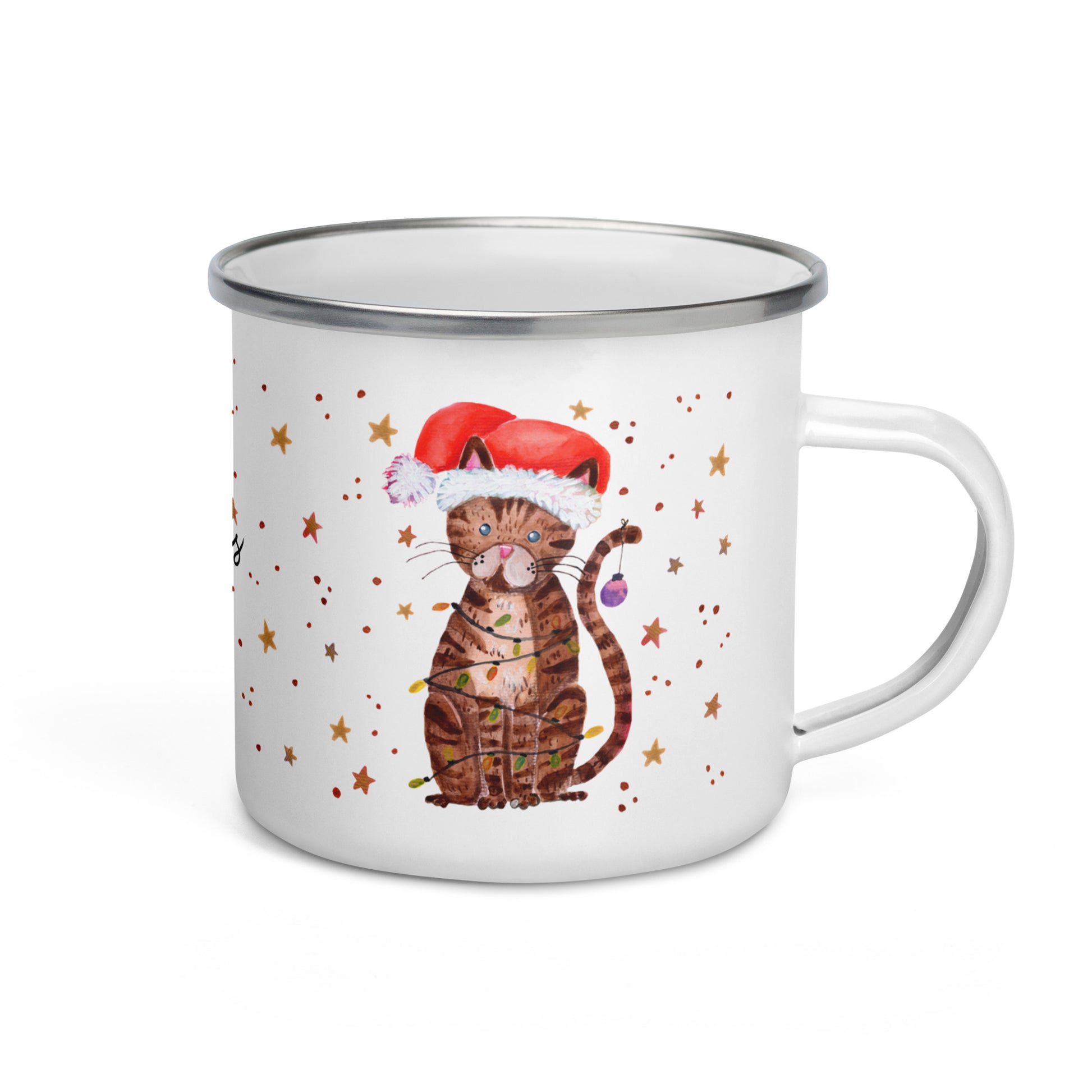 🎄 Whimsical Christmas Cat Enamel Camper Mug – Watercolor Cat in Santa Hat Wrapped in Lights 🐱✨ “Merry Christmas” - SANDRAAS