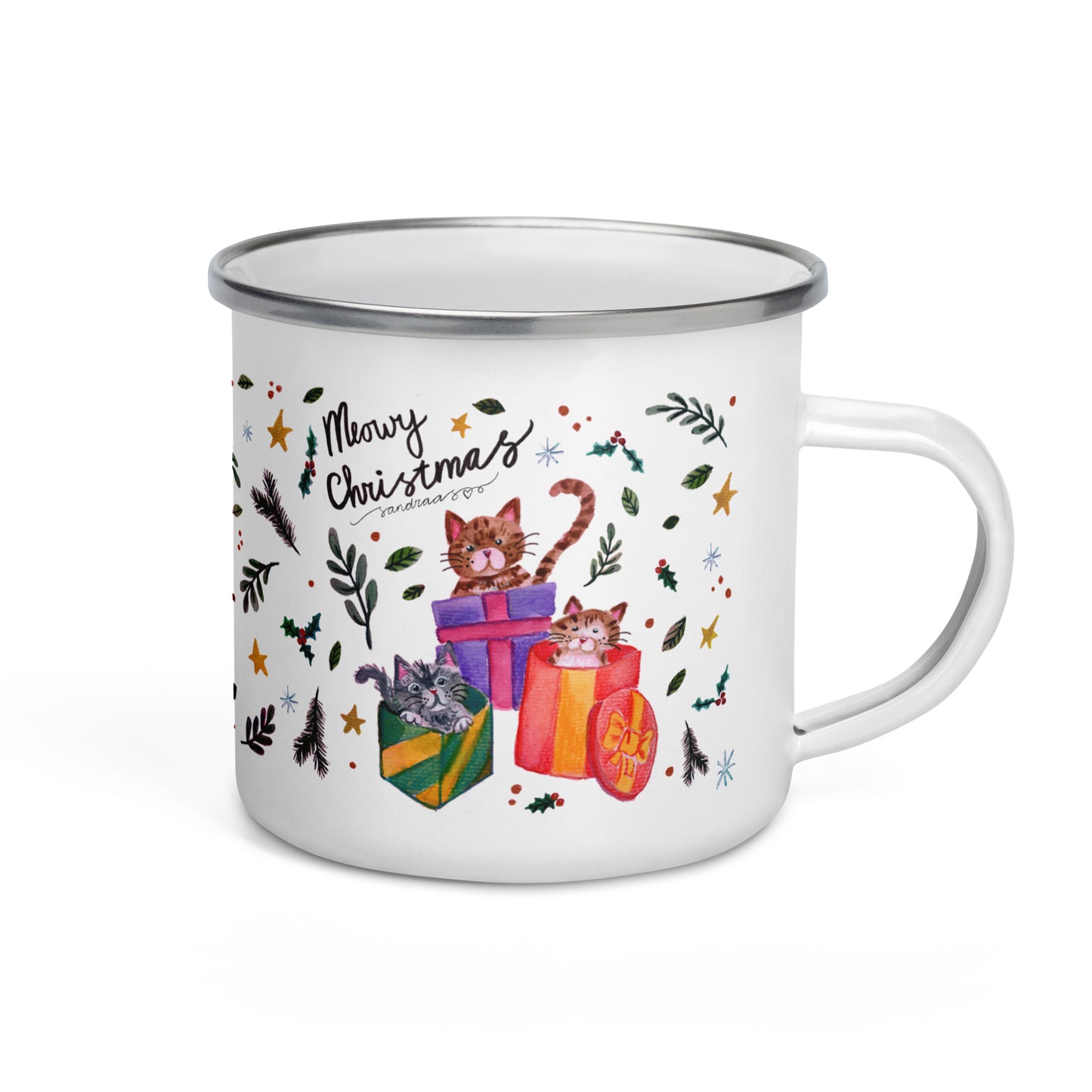🎄 Meowy Christmas Enamel Camper Mug – Whimsical Watercolor Cats in Sweaters & Gift Boxes 🐱🎁✨ - SANDRAAS