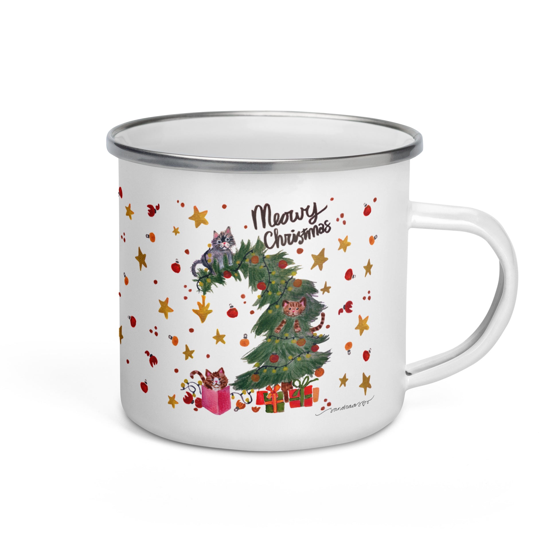🎄 Meowy Christmas Enamel Camper Mug – Watercolor Whimsical Cats Climbing the Christmas Tree 🐱🌲✨ - SANDRAAS