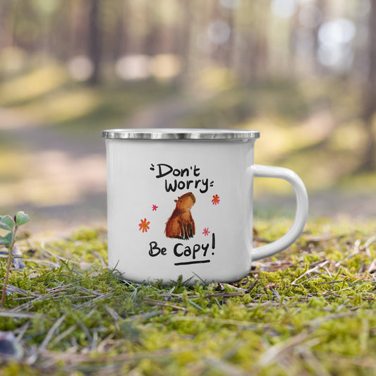 Enamel Mug - Don't Worry, Be Capy with Flowers - Capybara Watercolor Illustration - SANDRAAS