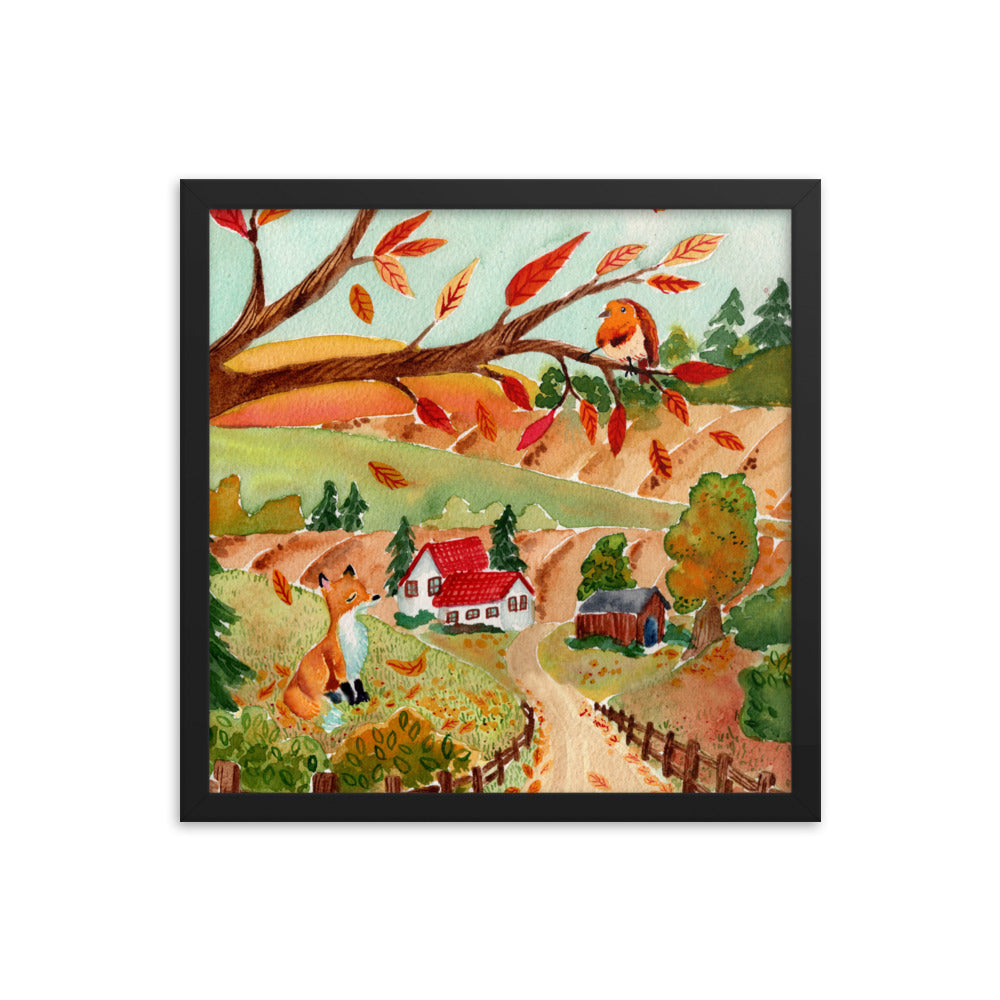 Framed poster - Autumn Scene with Fox & Robin