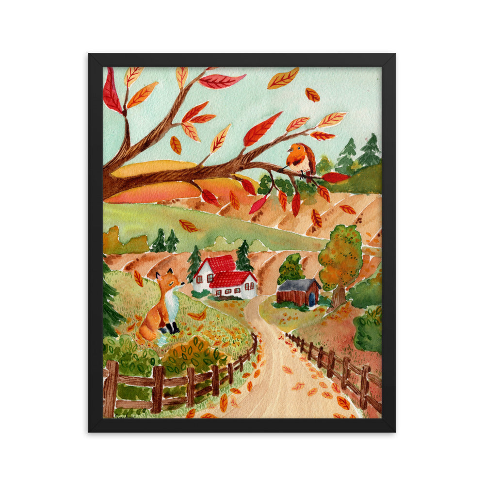 Framed poster - Autumn Scene with Fox & Robin