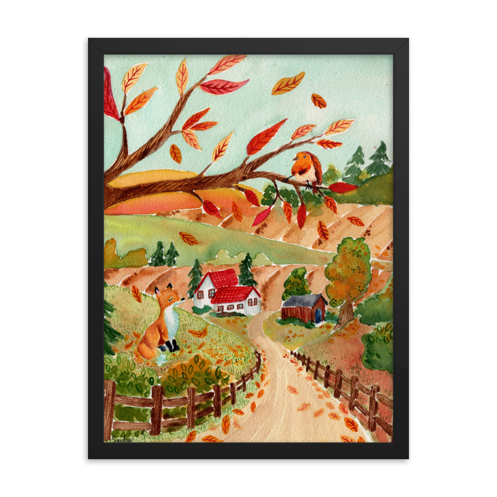 Framed poster - Autumn Scene with Fox & Robin