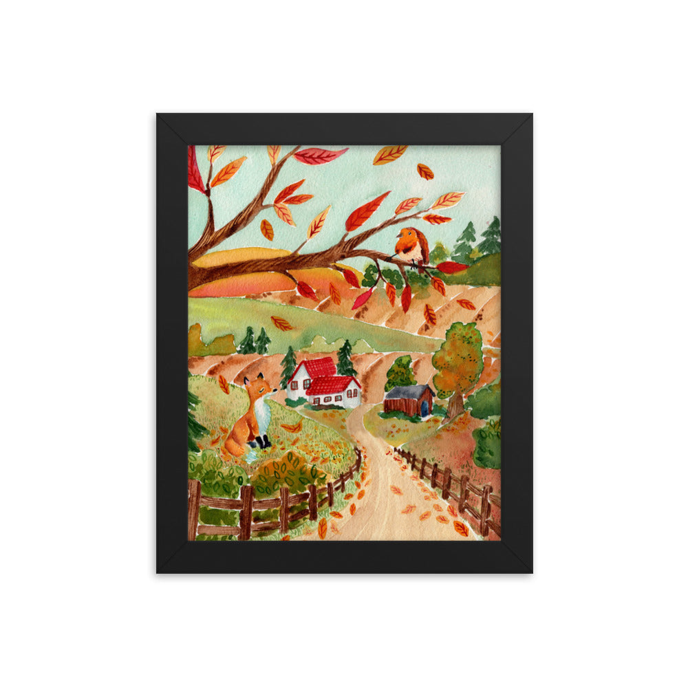 Framed poster - Autumn Scene with Fox & Robin