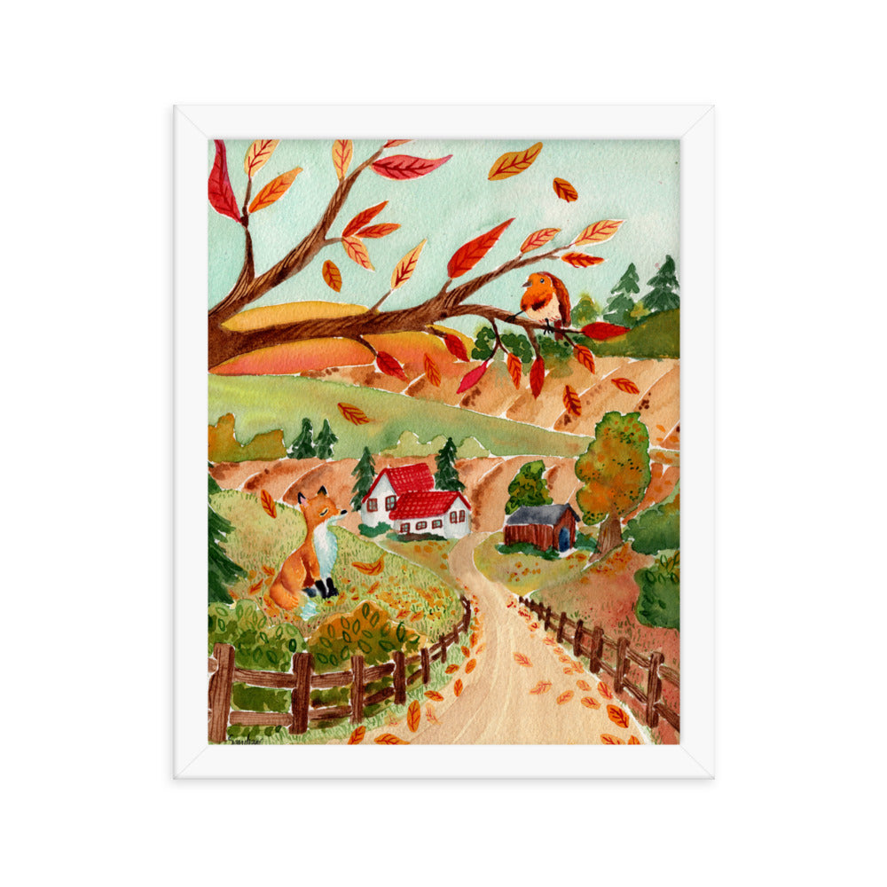 Framed poster - Autumn Scene with Fox & Robin