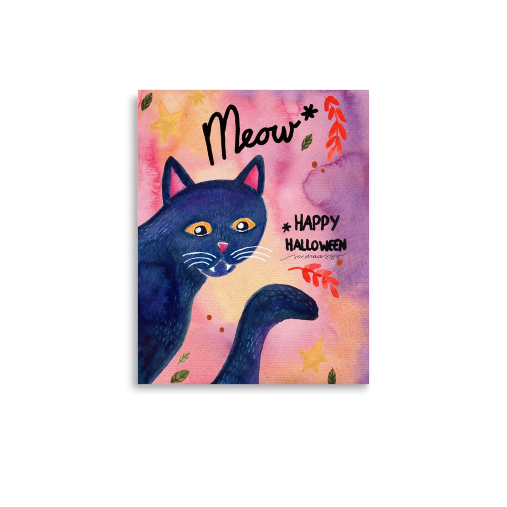 Whimsical Black Cat Halloween Poster 🎃🐾 | Watercolor Illustration + Hand Lettered ‘Meow, Happy Halloween’ - SANDRAAS