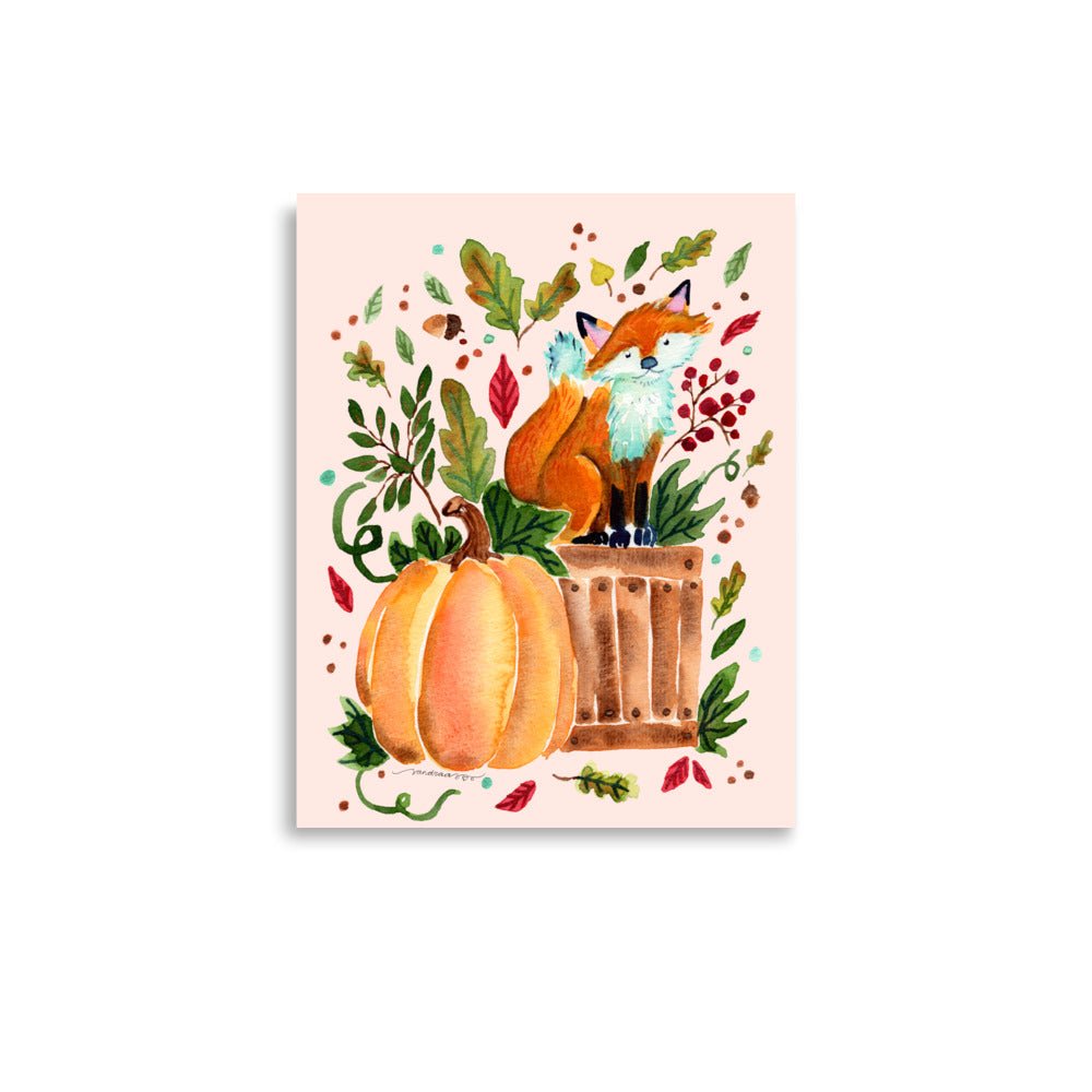 Cozy Autumn Fox Watercolor Poster • Pumpkin & Fall Leaves Wall Art • Woodland Animal Illustration Print - SANDRAAS