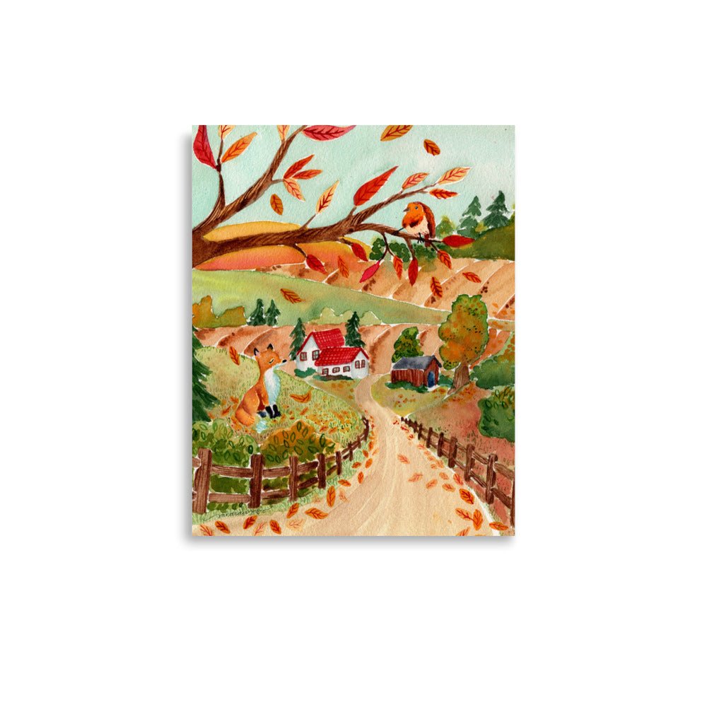Cozy Autumn Landscape Watercolor Poster • Fox, Barn & Falling Leaves Fall Wall Art • Rustic Countryside Illustration Print - SANDRAAS
