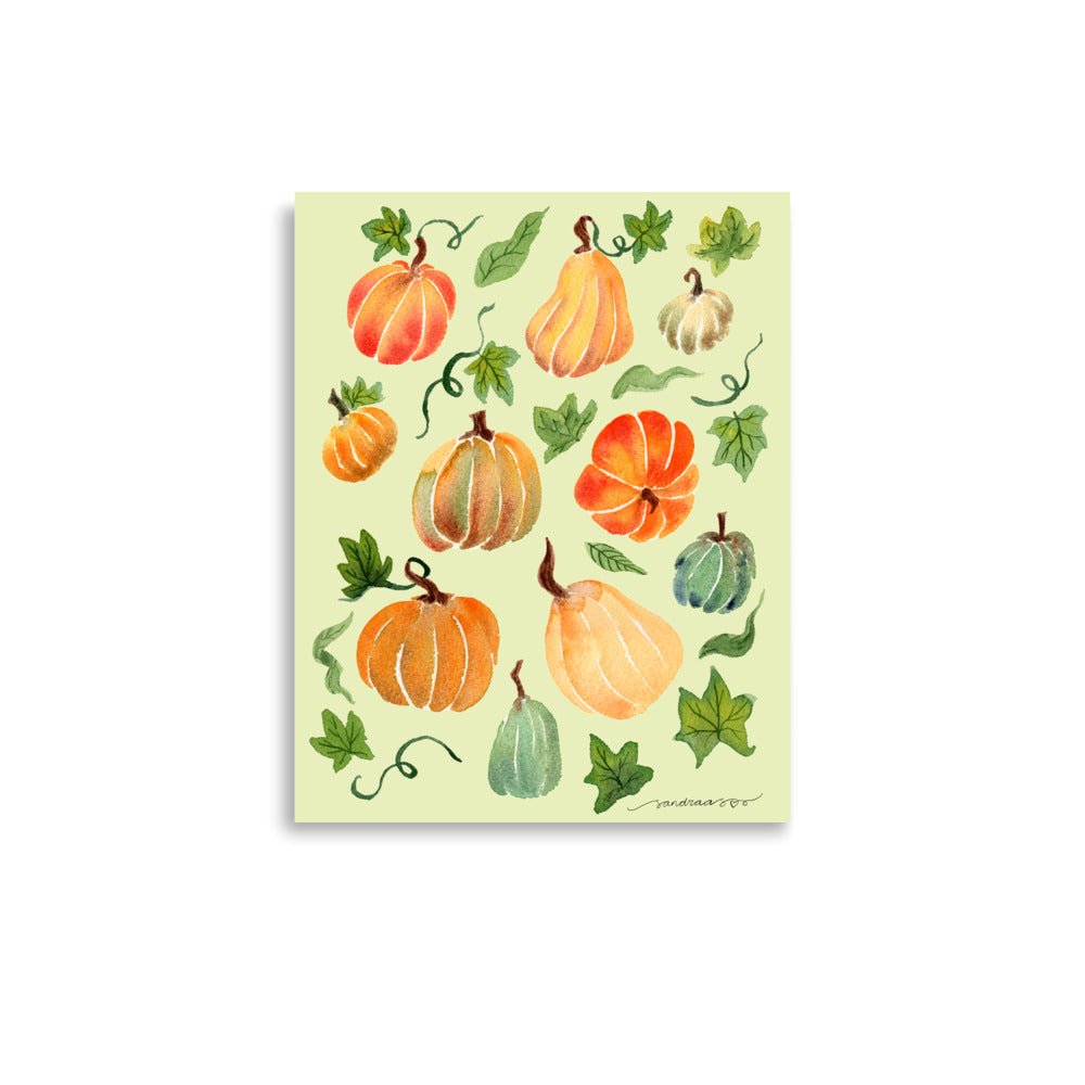 Watercolor Pumpkin Poster • Cozy Autumn Fall Wall Art • Orange Pumpkins on Light Green Background Illustration Print - SANDRAAS