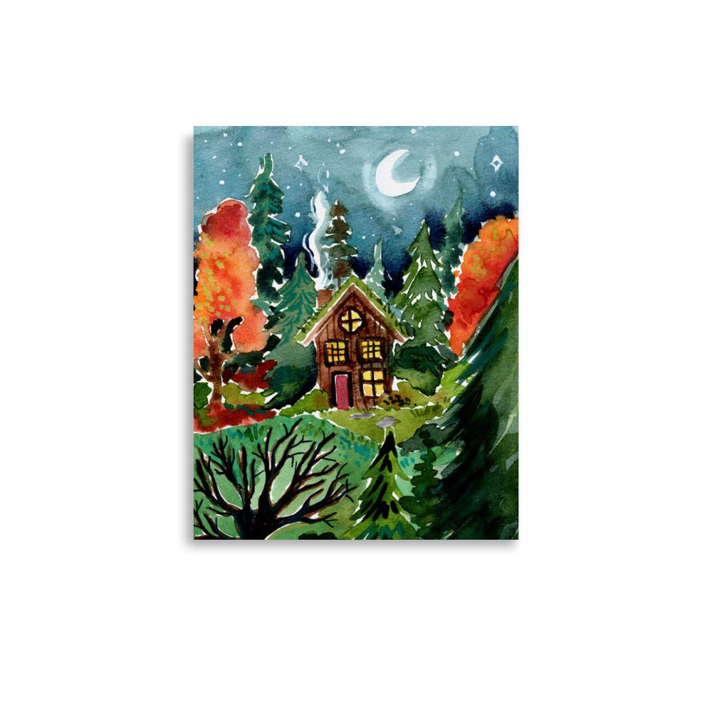Cozy Autumn Night Forest Poster • Watercolor Cabin in the Woods Wall Art • Moonlit Nature Scene Illustration Print - SANDRAAS