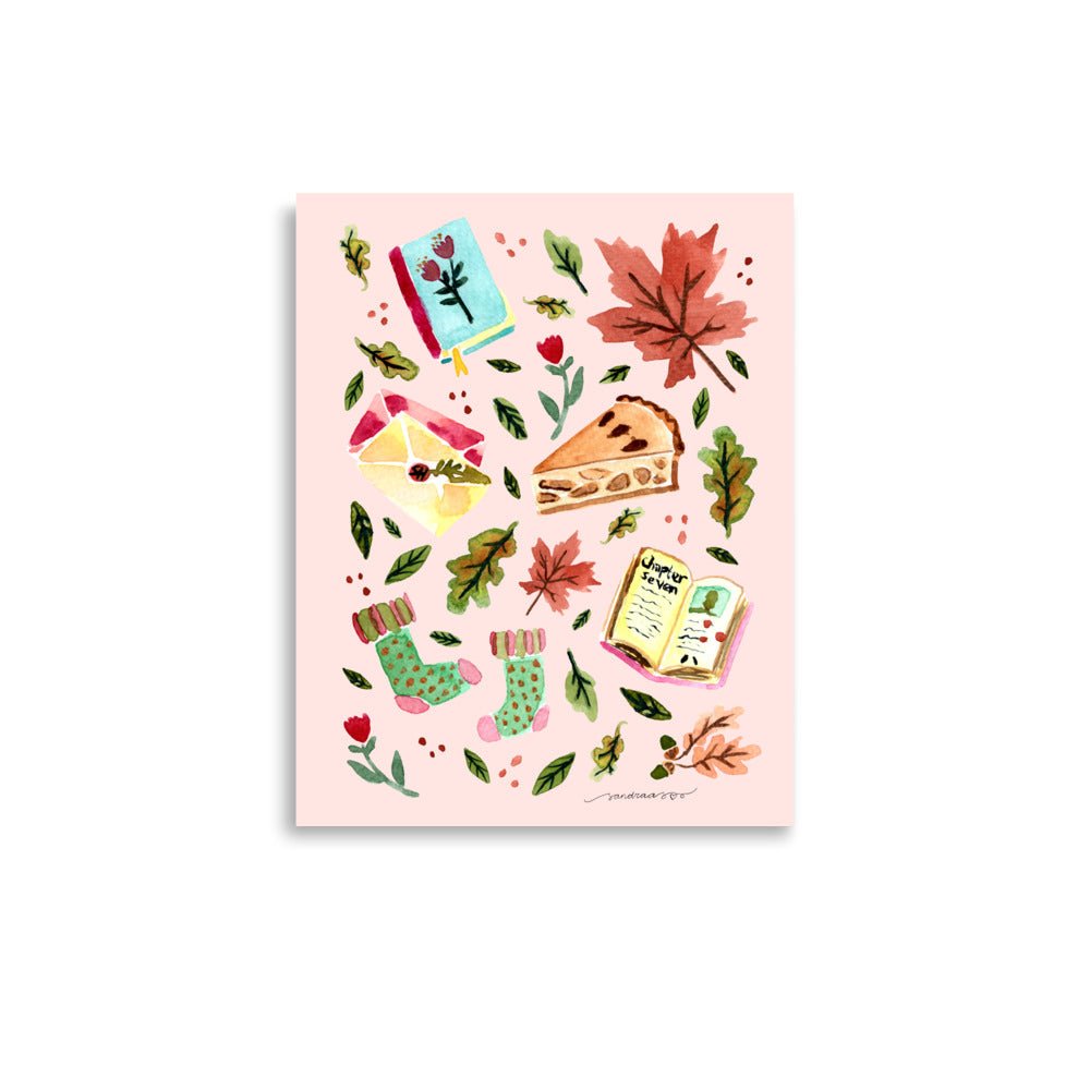 Cozy Autumn Comforts Poster • Watercolor Books, Apple Pie, Socks & Fall Leaves Wall Art • Seasonal Hygge Illustration Print - SANDRAAS