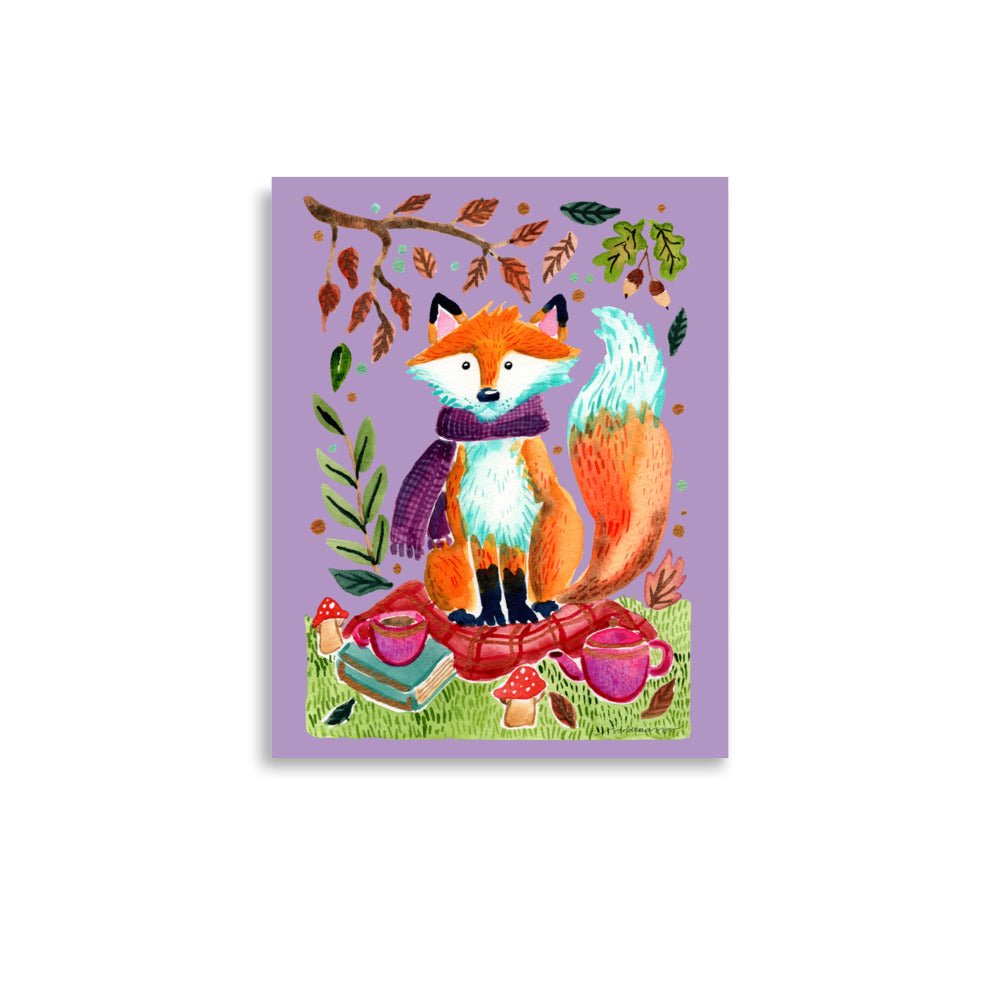 Whimsical Autumn Fox Picnic Poster • Watercolor Woodland Animal Wall Art • Cozy Fall Illustration with Scarf & Blanket - SANDRAAS