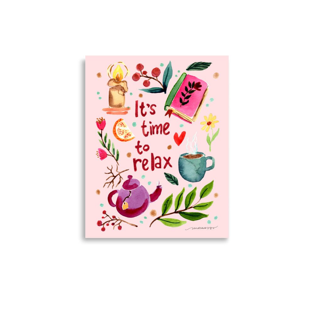 It’s Time to Relax Poster • Watercolor Autumn Books, Candle & Tea Wall Art • Cozy Fall Illustration on Pink Background - SANDRAAS