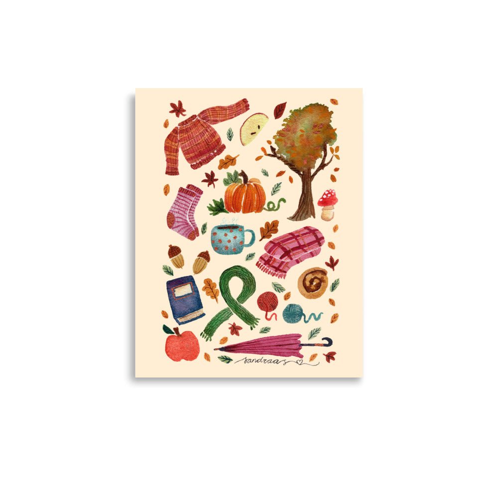 All Things Cozy Autumn Poster • Watercolor Sweater, Pumpkin, Socks & Tea Wall Art • Hygge Fall Illustration Print - SANDRAAS