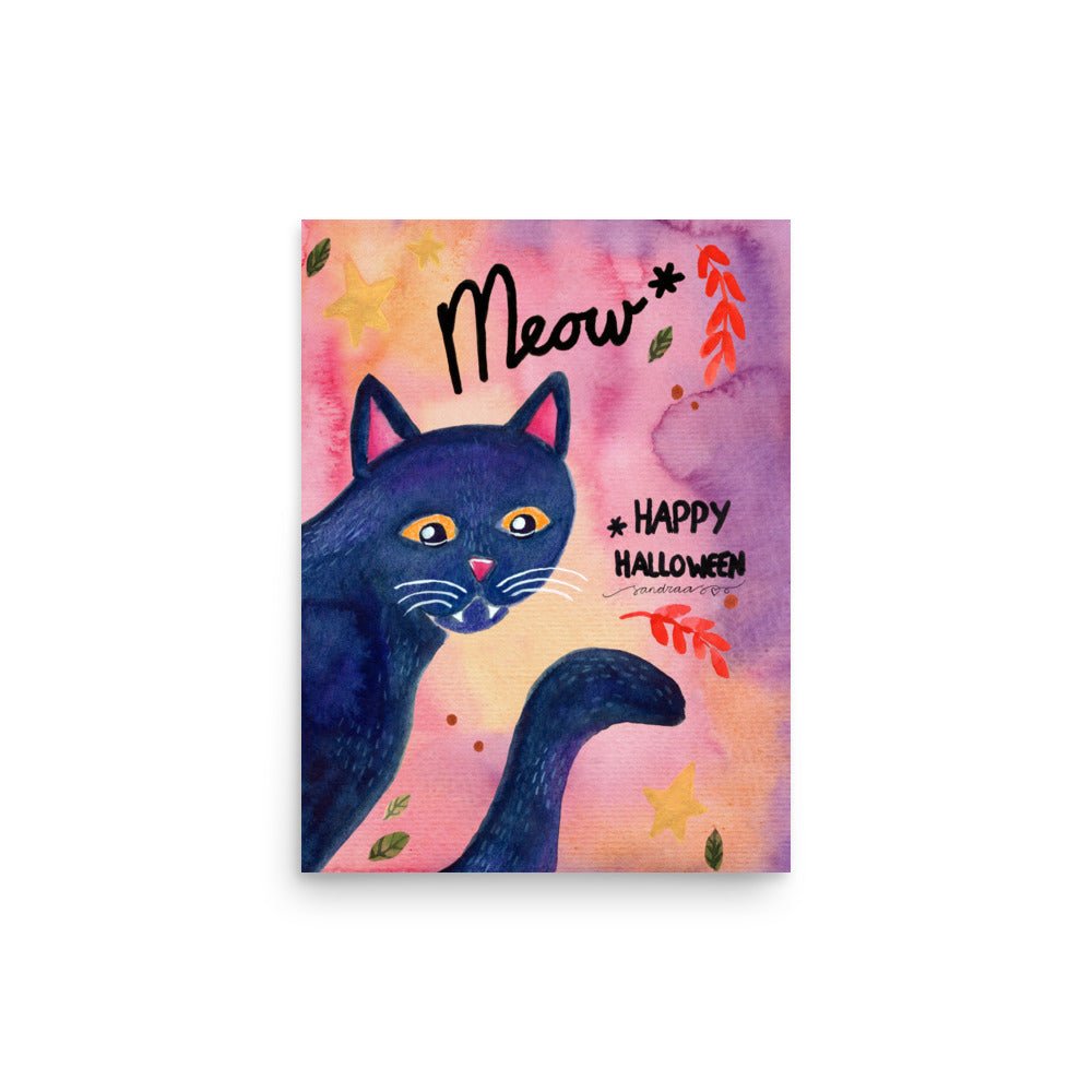 Whimsical Black Cat Halloween Poster 🎃🐾 | Watercolor Illustration + Hand Lettered ‘Meow, Happy Halloween’ - SANDRAAS