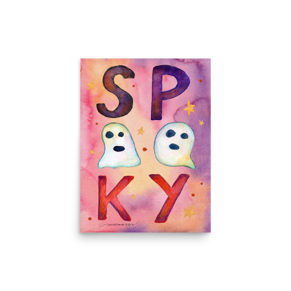 Spooky Ghosts Halloween Poster 👻🎃 | Watercolor Illustration with ‘Boo!’ Text – Cute Spooky Wall Art - SANDRAAS