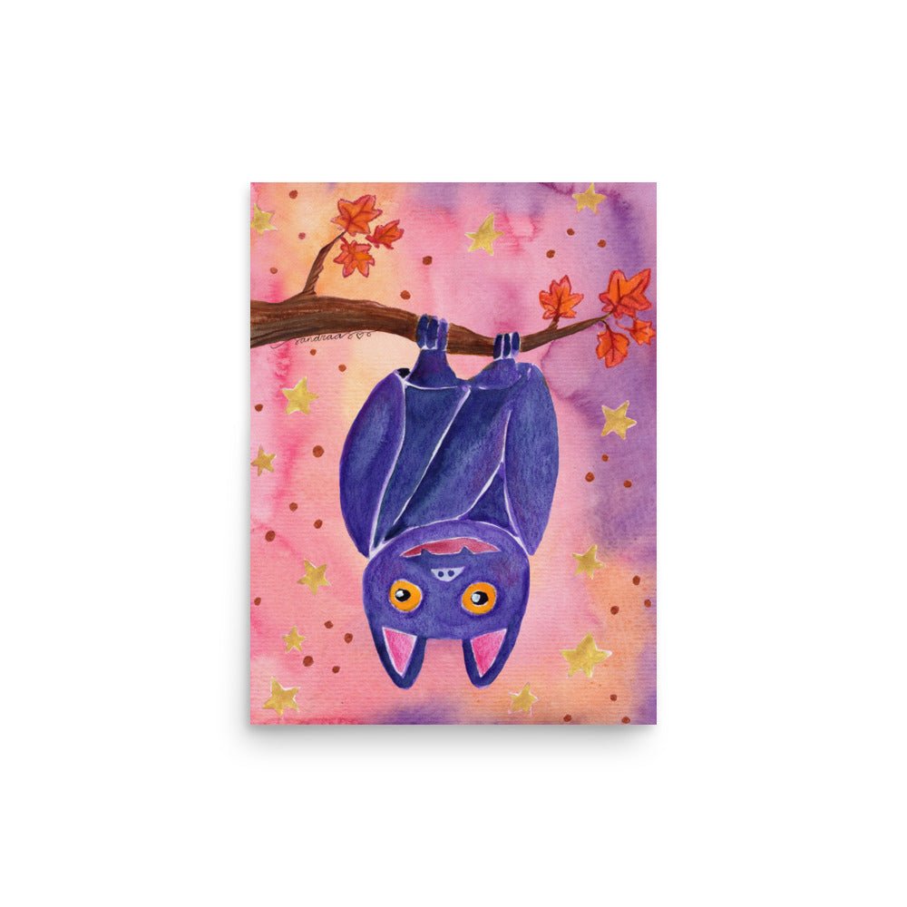 Whimsical Bat Poster 🦇🌙 | Cute Watercolor Illustration Hanging from Tree Branch – Spooky Cute Wall Art - SANDRAAS