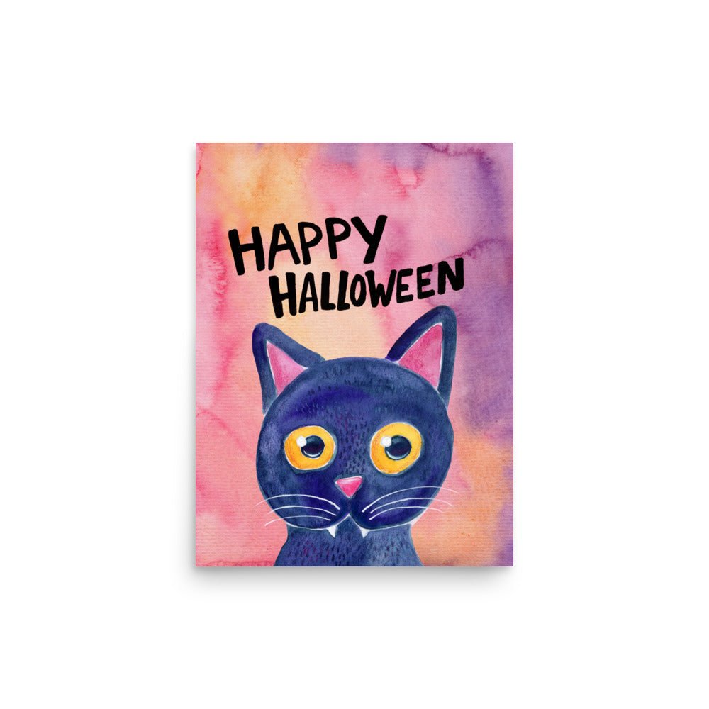 Whimsical Black Cat Poster 🐈‍⬛✨ | Cute Watercolor Illustration – Happy Halloween | Cozy Spooky Wall Art - SANDRAAS