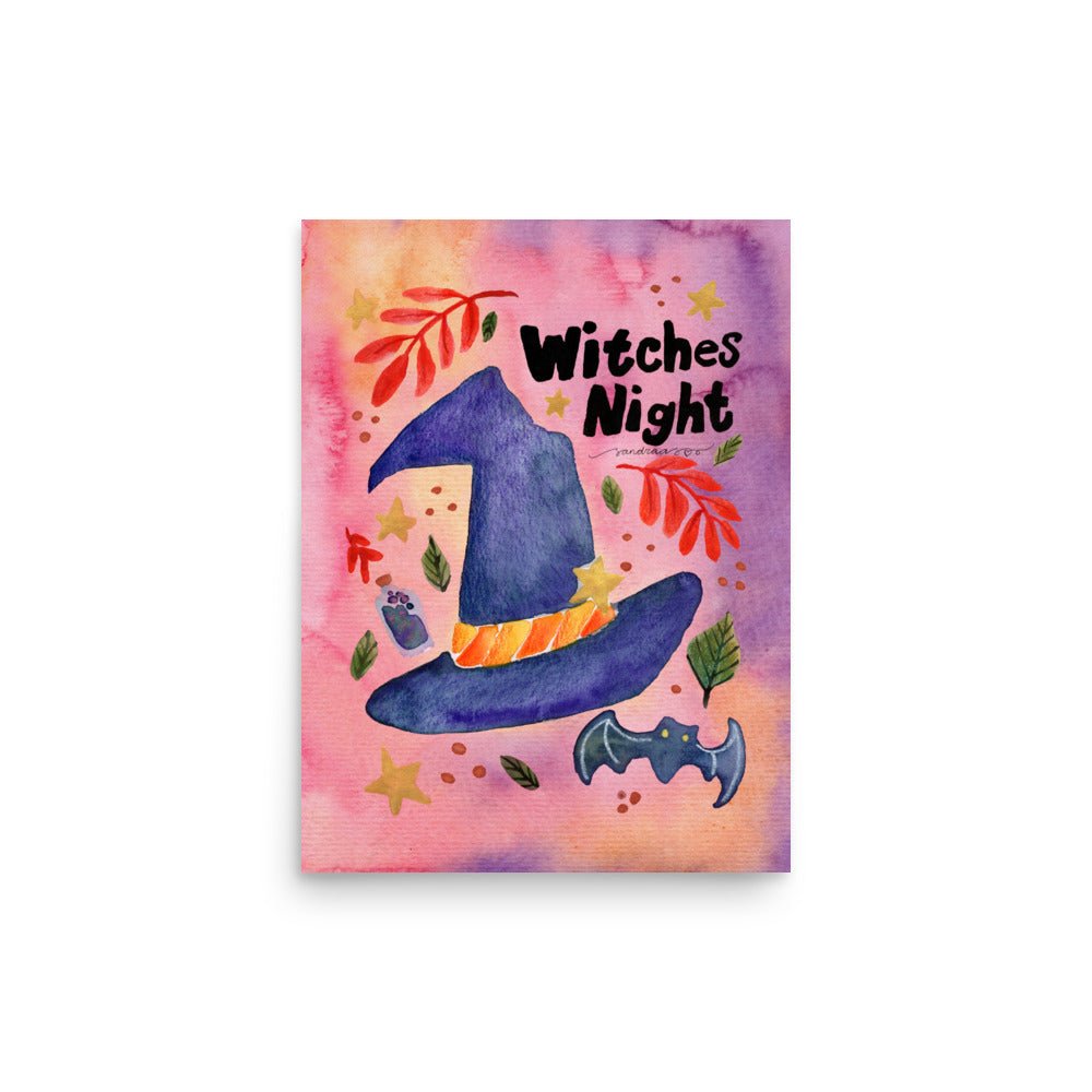 Witches Night Halloween Poster 🧙‍♀️🌙✨ | Watercolor Witch - Themed Illustration + Text – Spooky Cute Wall Art - SANDRAAS