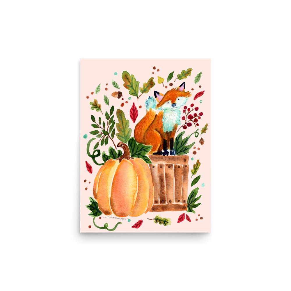 Cozy Autumn Fox Watercolor Poster • Pumpkin & Fall Leaves Wall Art • Woodland Animal Illustration Print - SANDRAAS