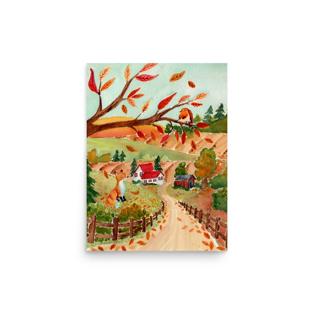 Cozy Autumn Landscape Watercolor Poster • Fox, Barn & Falling Leaves Fall Wall Art • Rustic Countryside Illustration Print - SANDRAAS