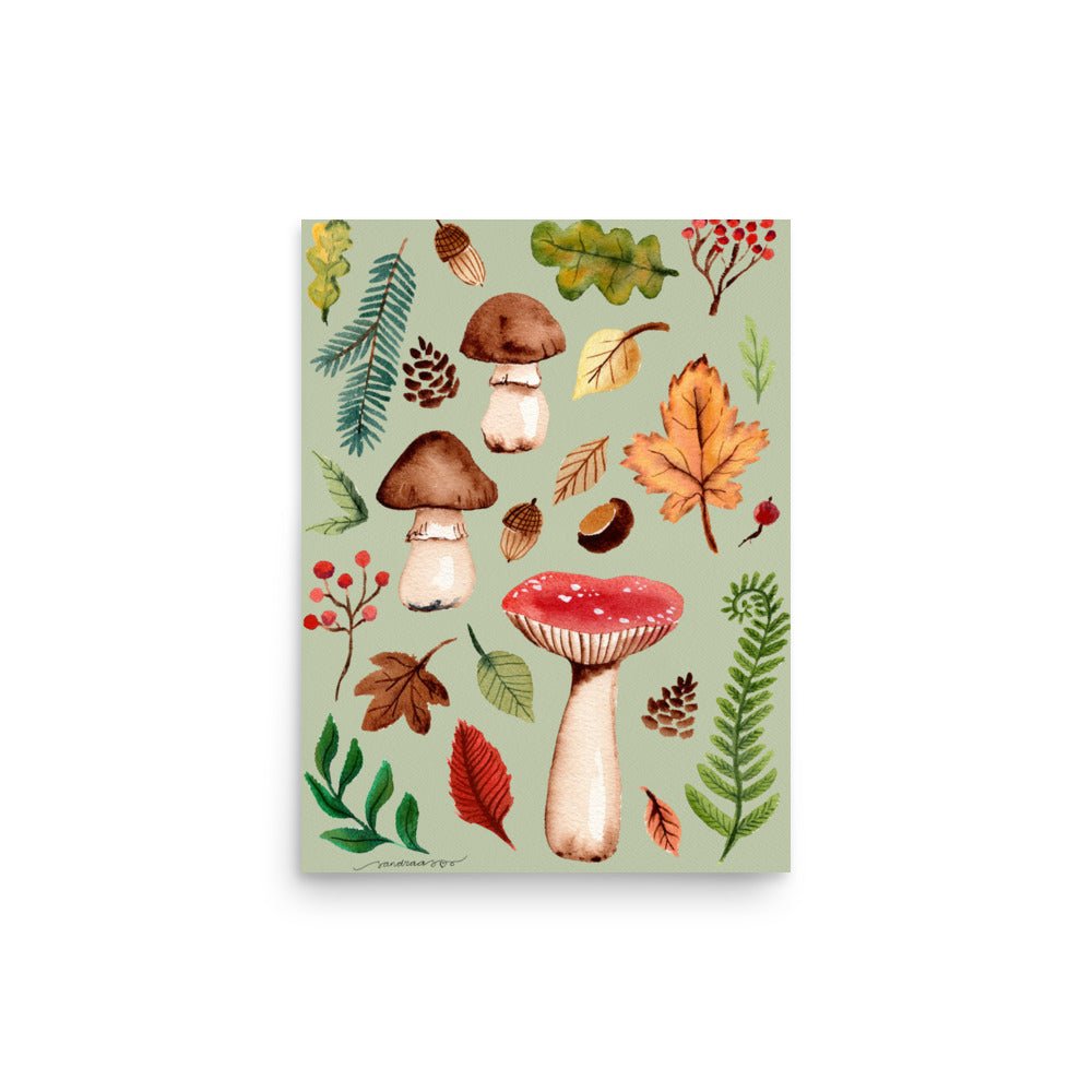 Autumn Mushrooms & Leaves Watercolor Poster • Cozy Fall Nature Wall Art • Botanical Woodland Illustration Print - SANDRAAS