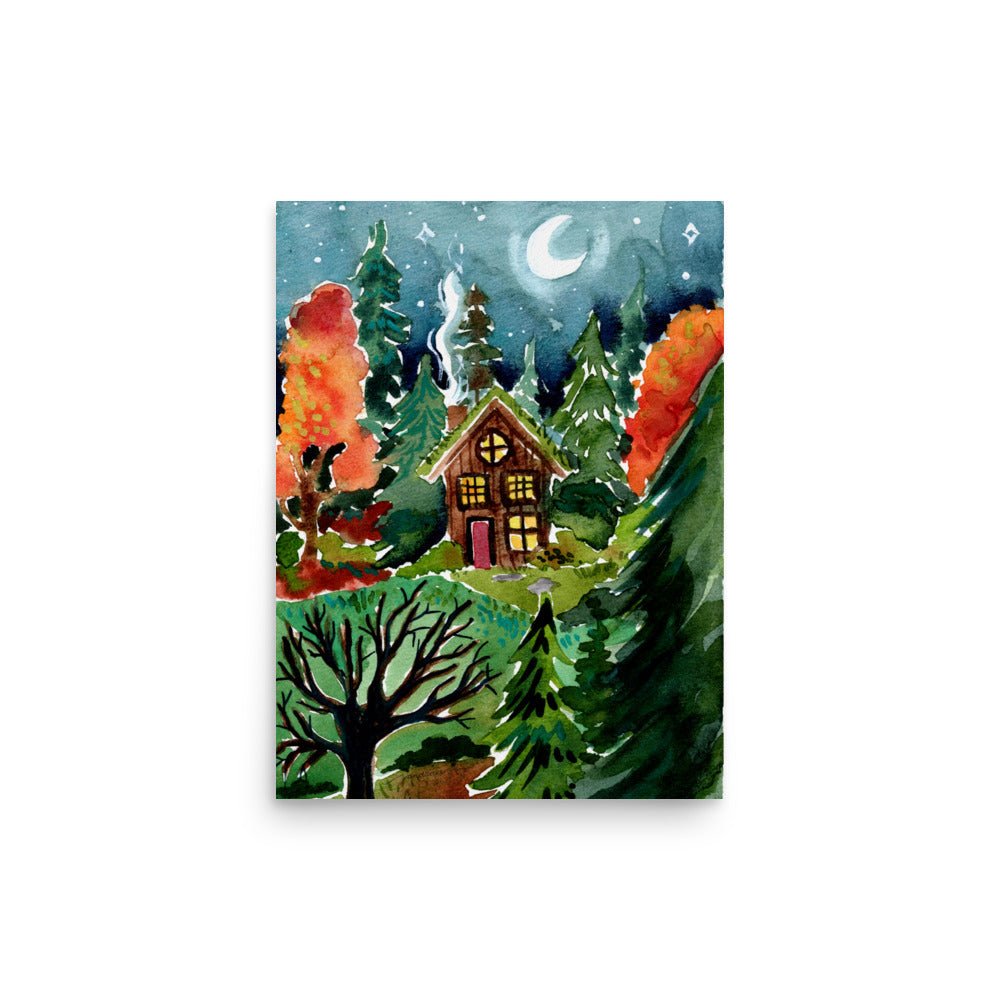 Cozy Autumn Night Forest Poster • Watercolor Cabin in the Woods Wall Art • Moonlit Nature Scene Illustration Print - SANDRAAS