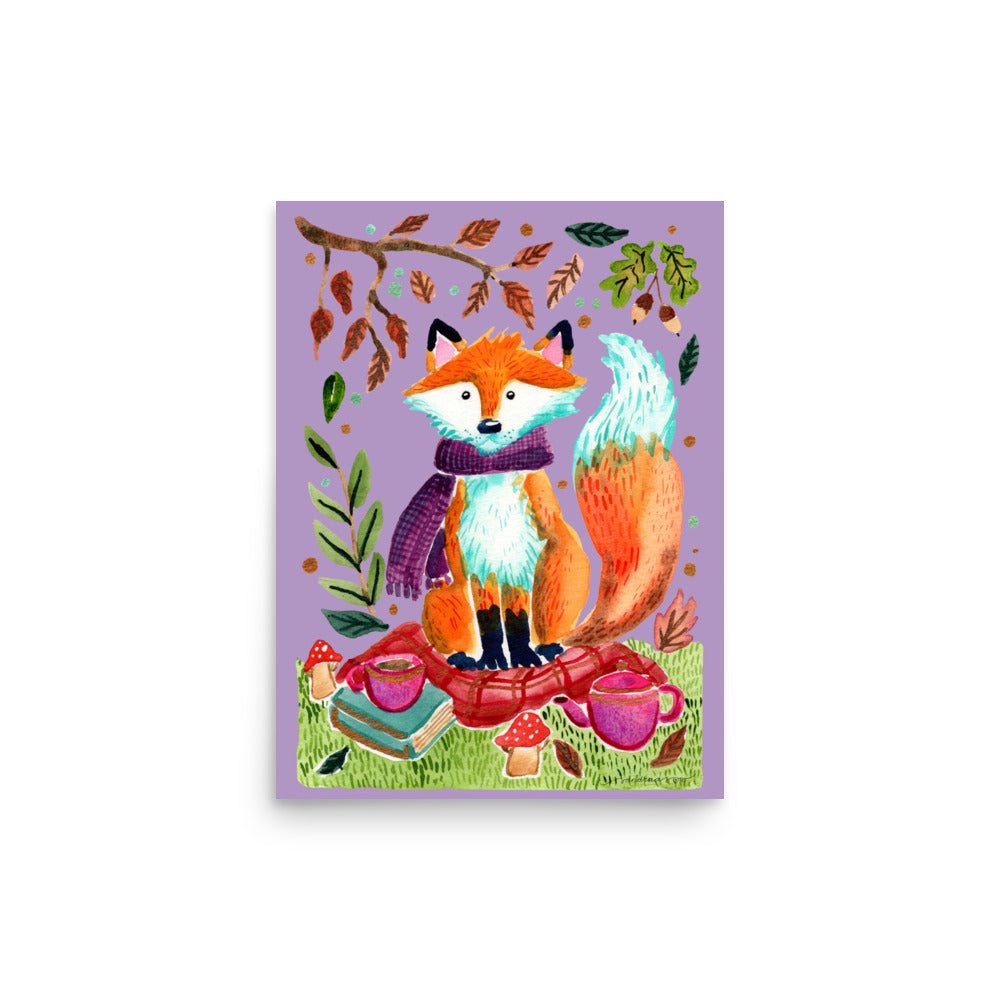Whimsical Autumn Fox Picnic Poster • Watercolor Woodland Animal Wall Art • Cozy Fall Illustration with Scarf & Blanket - SANDRAAS