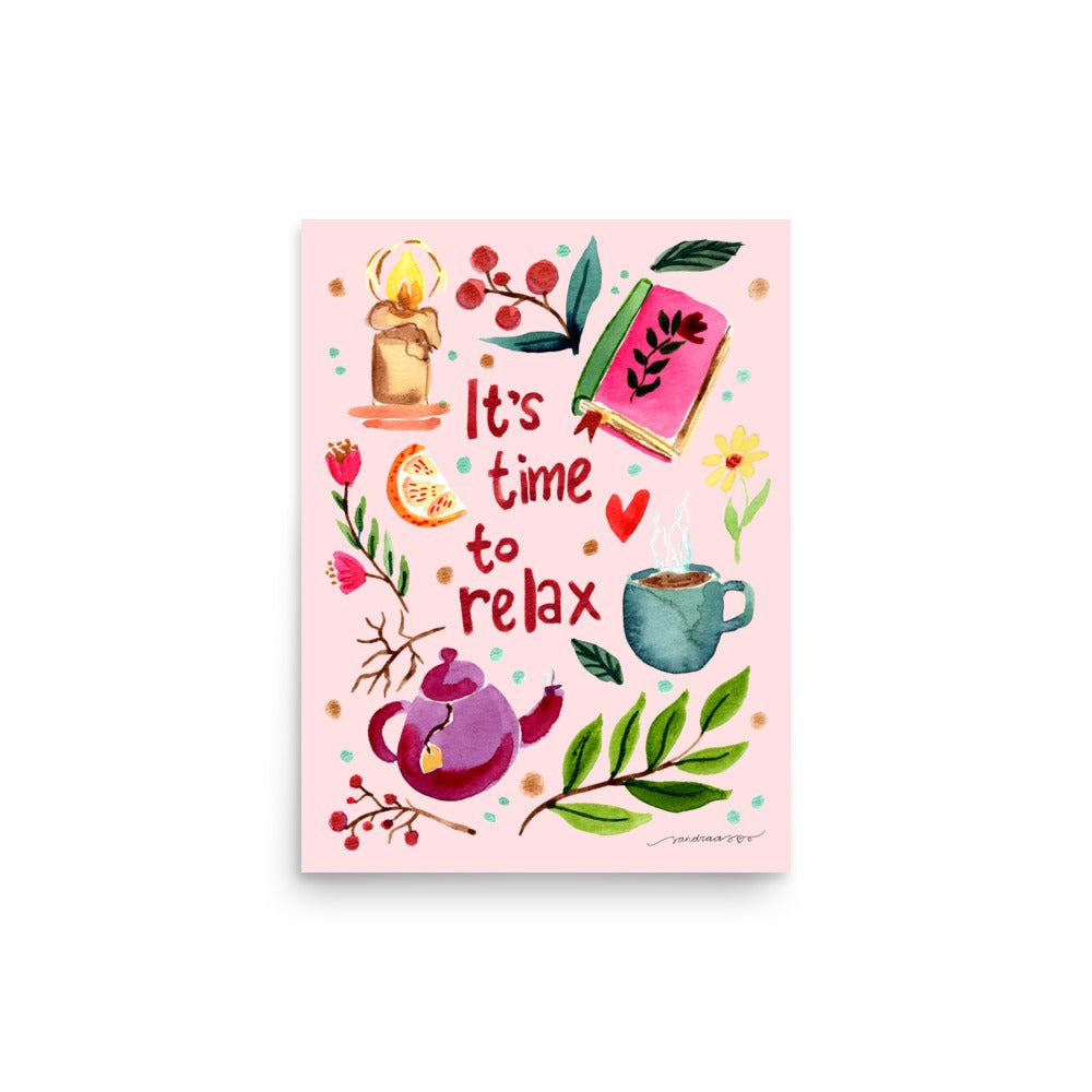 It’s Time to Relax Poster • Watercolor Autumn Books, Candle & Tea Wall Art • Cozy Fall Illustration on Pink Background - SANDRAAS