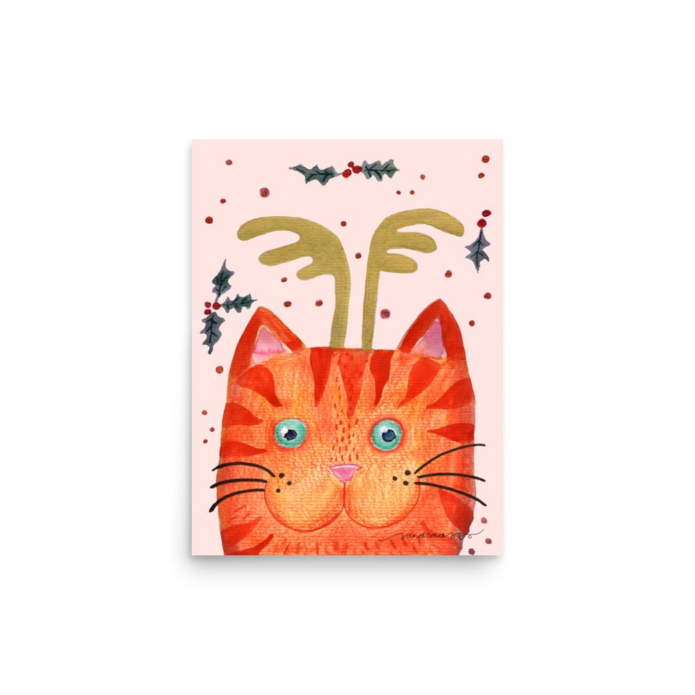 🎄 Orange Christmas Cat Poster – Whimsical Watercolor Cat with Antlers & Holly 😺✨ Light Pink Background | Museum - Quality Matte Print - SANDRAAS