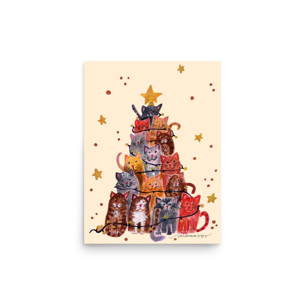 🎄 Whimsical Cat Christmas Tree Poster – Watercolor Cats Stacked as a Tree with Festive Lights 😺✨ Cream Background | Museum - Quality Matte Print - SANDRAAS