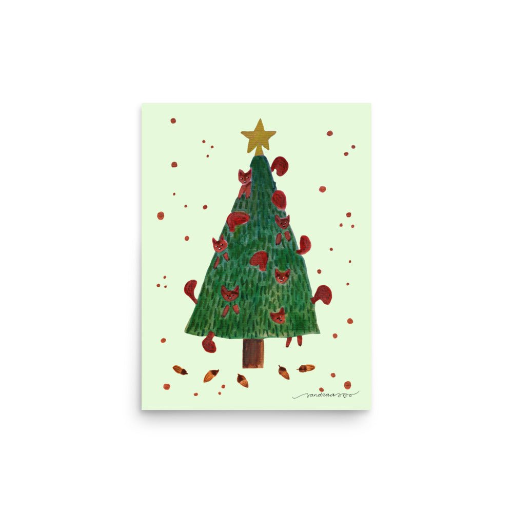 🎄 Whimsical Squirrel Christmas Tree Poster – Watercolor Squirrels in a Festive Tree 🐿️✨ Light Green Background | Museum - Quality Matte Print - SANDRAAS