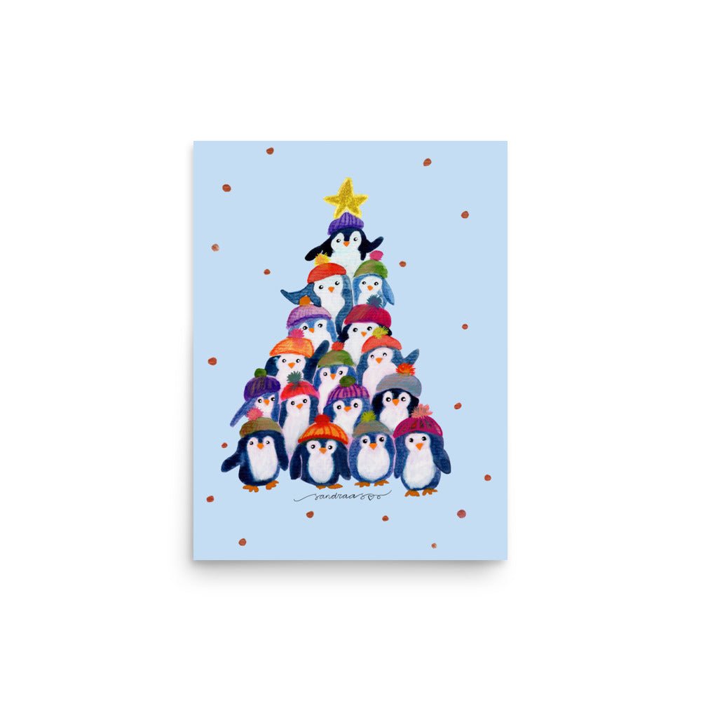 🎄 Penguin Christmas Tree Poster – Whimsical Watercolor Penguins in Hats & Scarves 🐧✨ Light Blue Background | Museum - Quality Matte Print - SANDRAAS