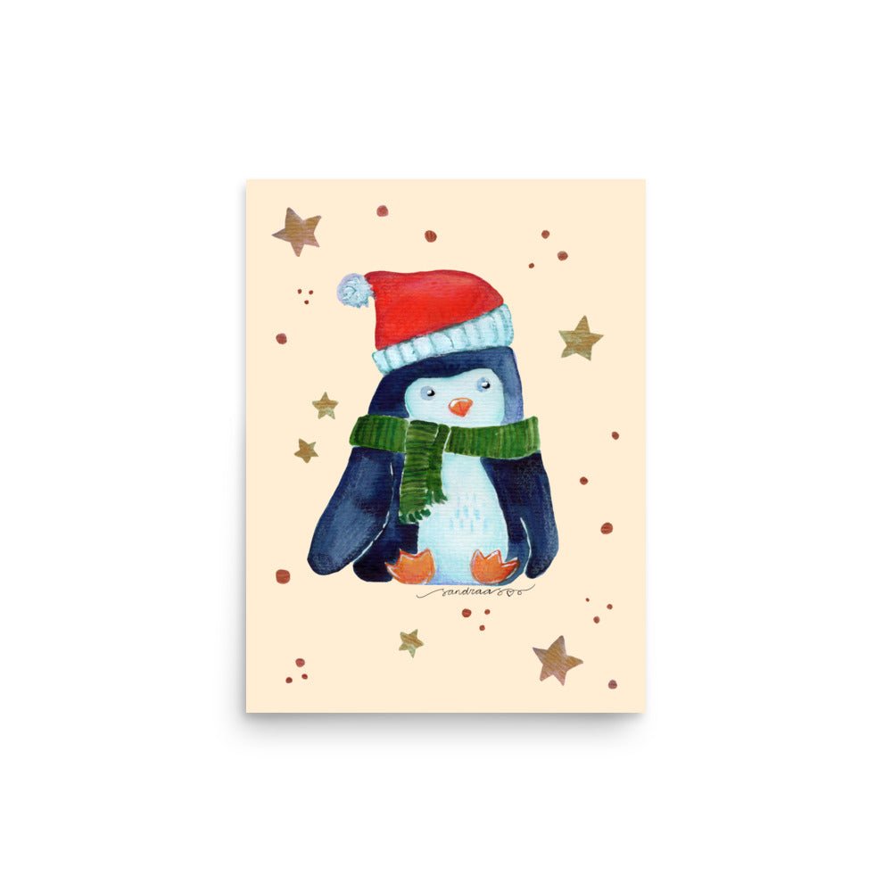 🎄 Whimsical Christmas Penguin Poster – Watercolor Penguin in Green Scarf & Santa Hat 🐧✨ Cream Background | Museum - Quality Matte Print - SANDRAAS