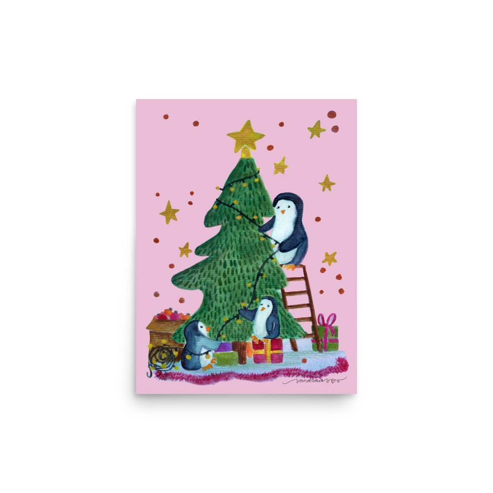 🎄 Whimsical Penguin Christmas Tree Poster – Watercolor Penguins Decorating a Tree 🐧🎄✨ Pink–Purple Background | Museum - Quality Matte Print - SANDRAAS