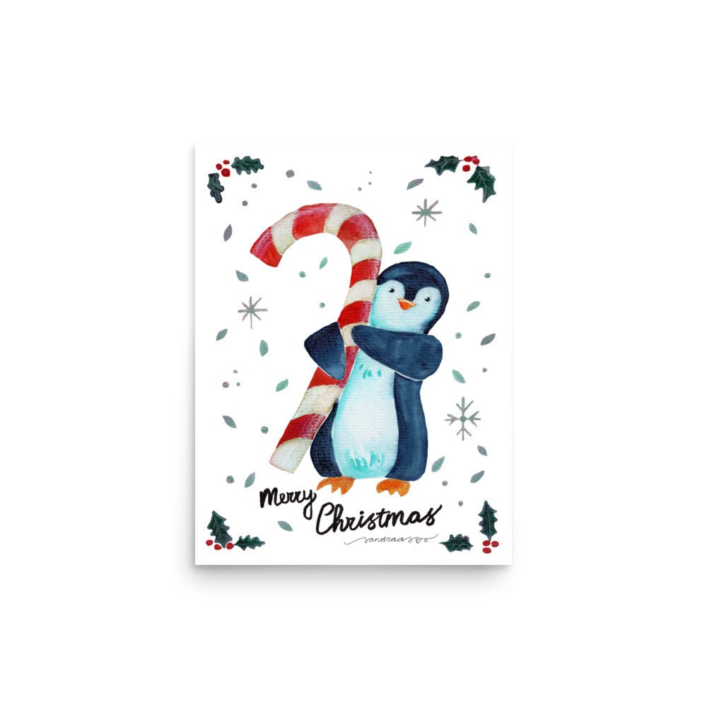 🎄 Candy Cane Penguin Poster – Whimsical Watercolor Penguin Holding a Candy Cane 🐧🍬✨ White Background | Museum - Quality Matte Print - SANDRAAS