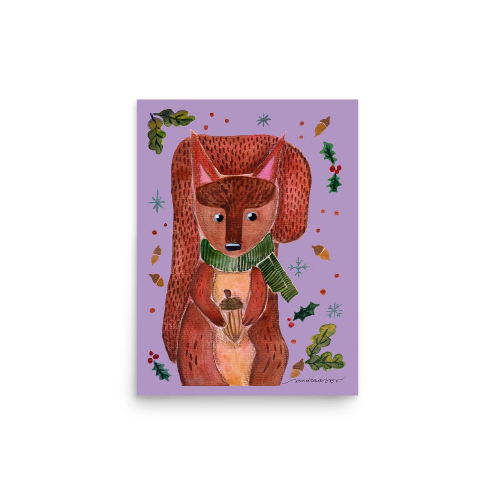 💜 Whimsical Squirrel Poster – Watercolor Squirrel in Green Scarf 🐿️🧣✨ Purple Background | Museum - Quality Matte Print - SANDRAAS