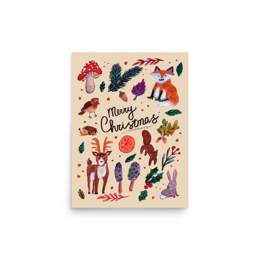 🌲 Whimsical Woodland Poster – Watercolor Forest Animals, Leaves & Mushrooms 🍄🦊✨ Cream Background | Museum - Quality Matte Print - SANDRAAS