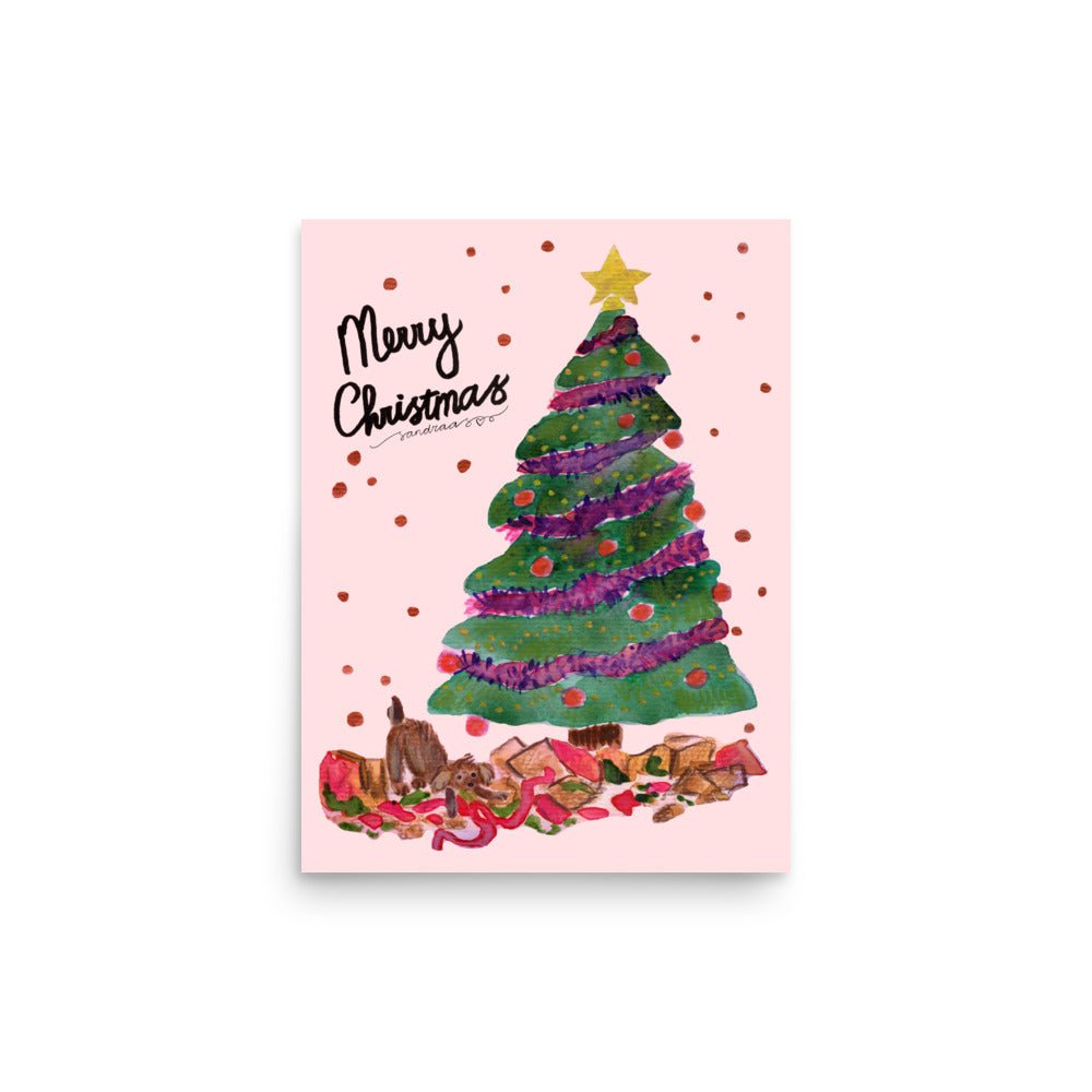 🎄 Naughty Christmas Dog Poster – Whimsical Watercolor Dog Wrecking Presents Under the Tree 🐶🎁💥✨ Pink Background | Museum - Quality Matte Print - SANDRAAS
