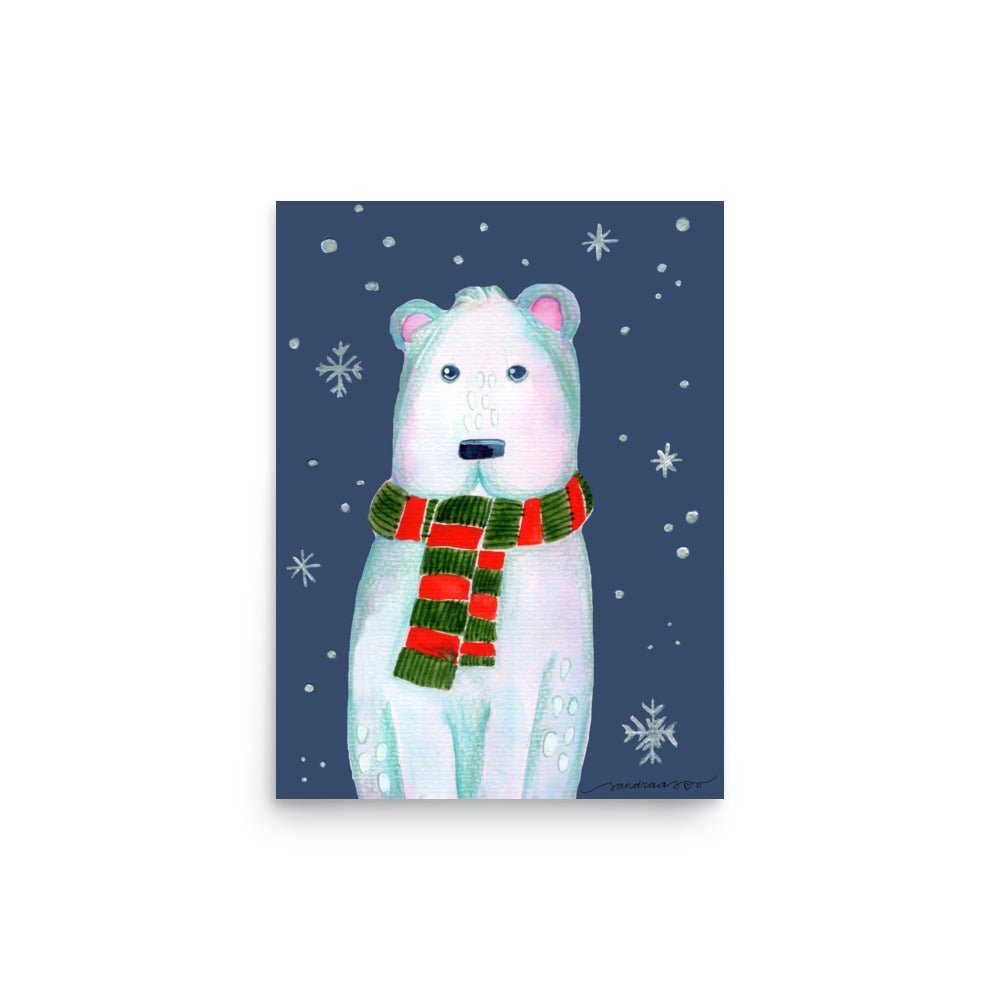 ❄️ Whimsical Polar Bear Poster – Watercolor Arctic Bear on Dark Blue Background 🐻‍❄️✨ Museum - Quality Matte Print - SANDRAAS