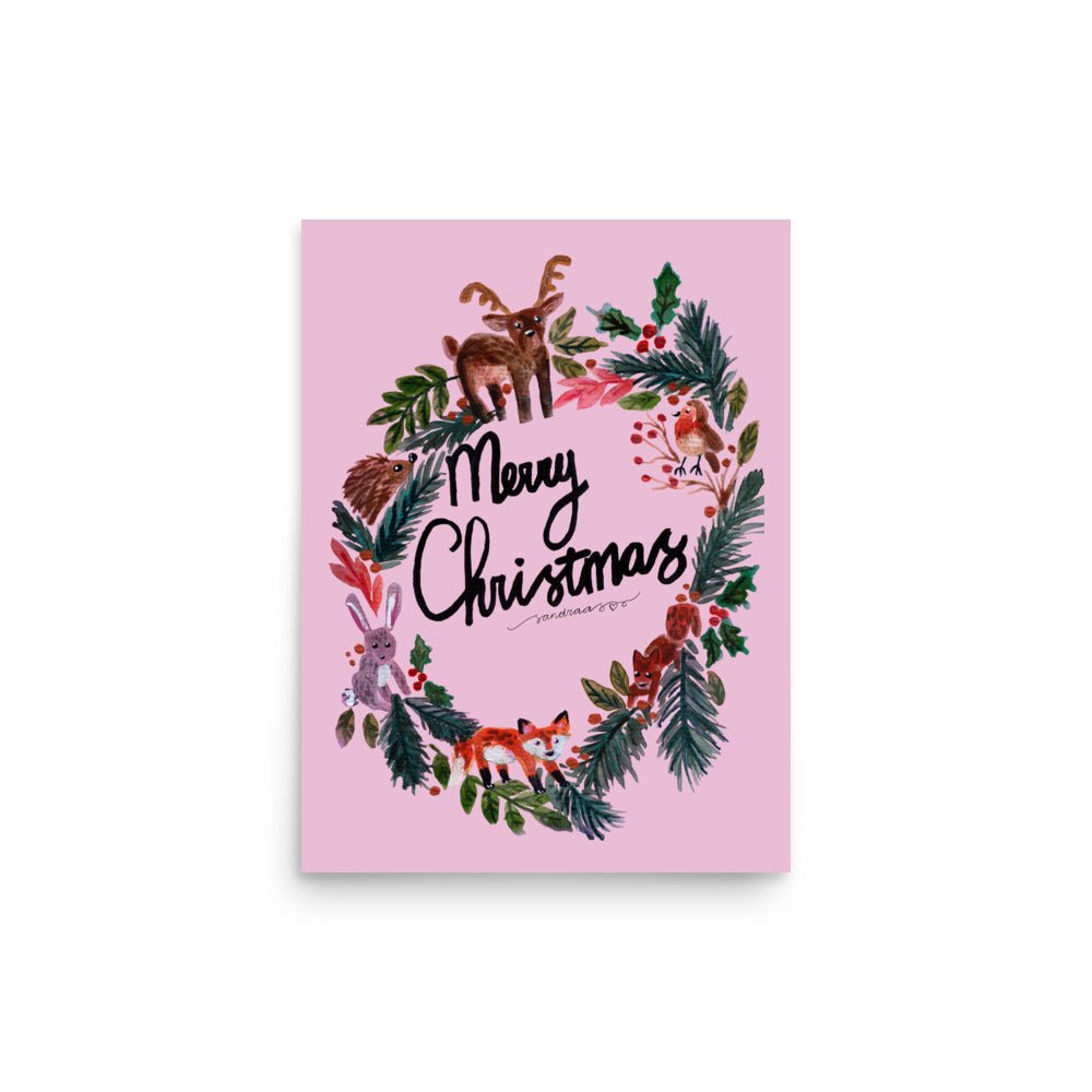 🎄 Woodland Christmas Wreath Poster – Whimsical Watercolor Animals in Festive Wreath 🦊🐿️✨ Pink Background | Museum - Quality Matte Print - SANDRAAS