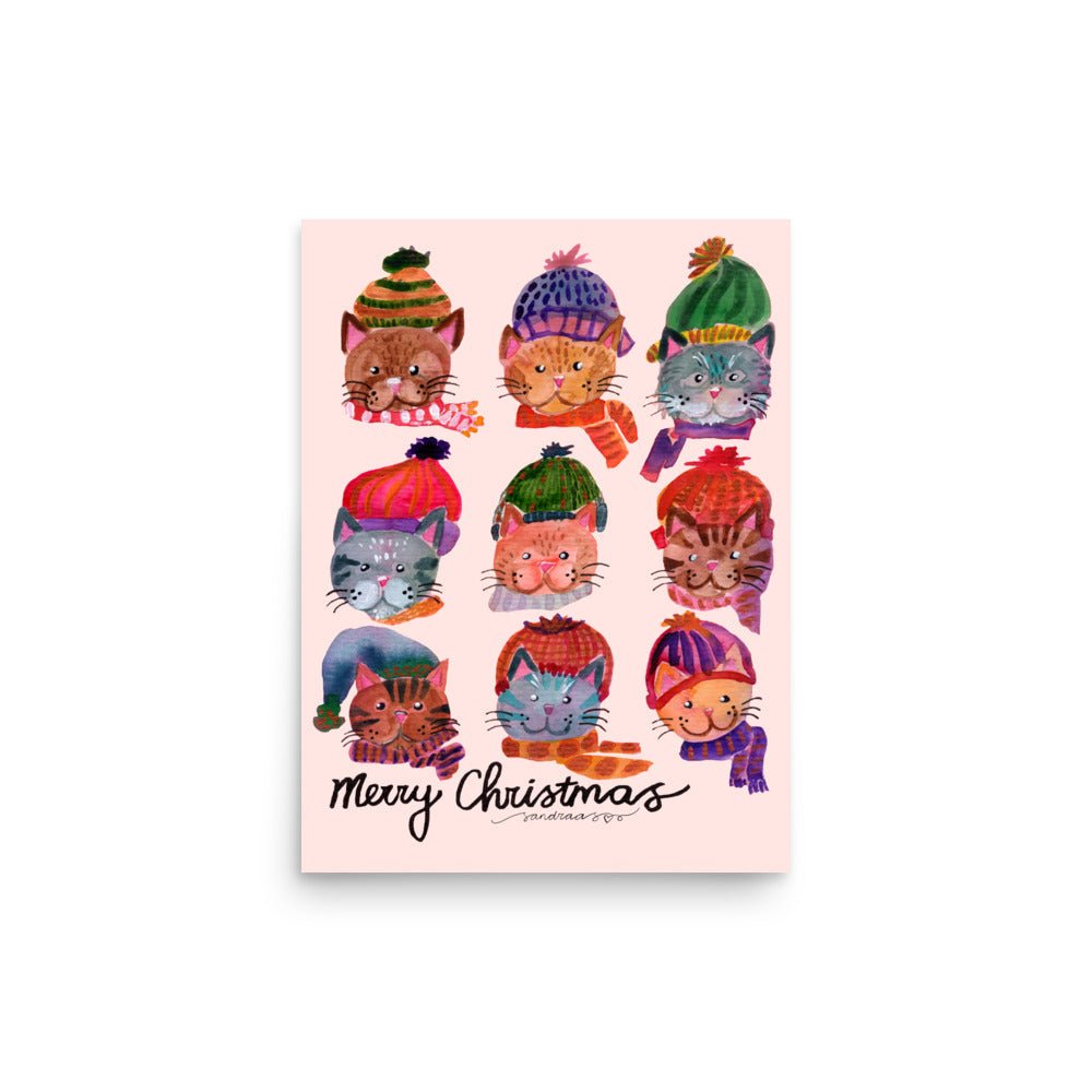 😺 Cozy Cat Heads Poster – Whimsical Watercolor Cats in Woolen Hats & Scarves 🧣✨ Light Pink Background | Museum - Quality Matte Print - SANDRAAS
