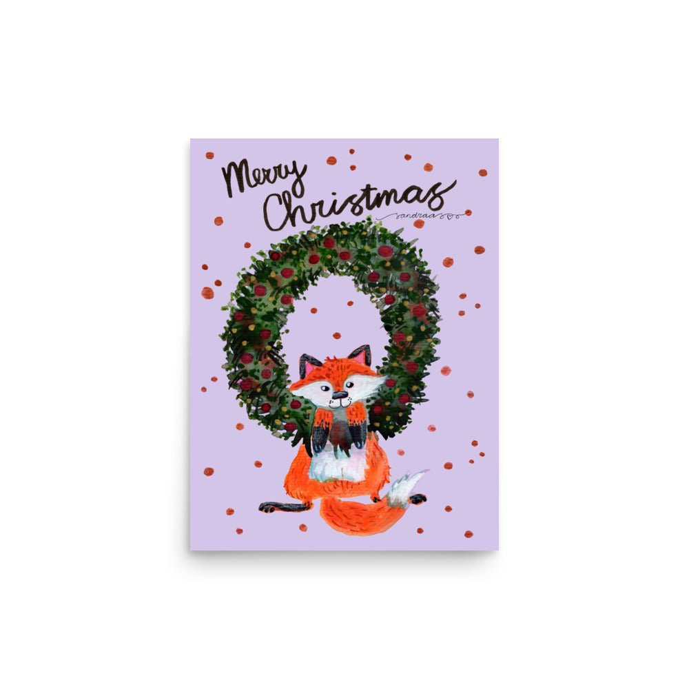 🎄 Whimsical Fox Christmas Wreath Poster – Watercolor Fox Hanging in Festive Wreath 🦊✨ Purple Background | Museum - Quality Matte Print - SANDRAAS