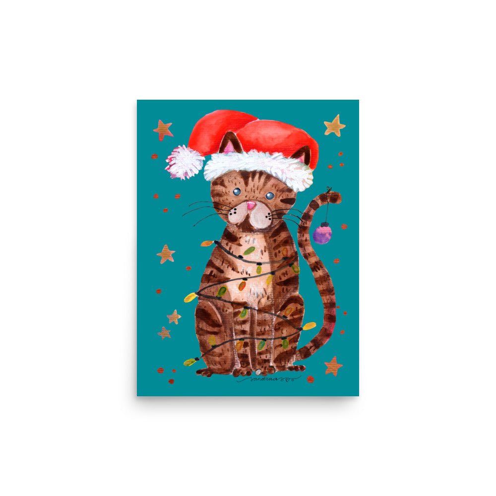 🎄 Christmas Cat Lights Poster – Whimsical Watercolor Cat in Santa Hat Wrapped in Christmas Lights 😺💡✨ Turquoise Background | Museum - Quality Matte Print - SANDRAAS