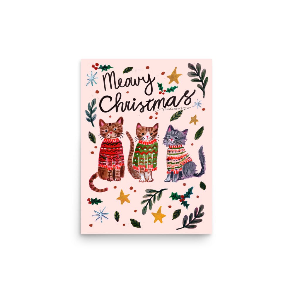 🎄 Cozy Christmas Cats Poster – Three Whimsical Cats in Knitted Holiday Sweaters 😺🧶✨ Light Pink Background | Museum - Quality Matte Print - SANDRAAS