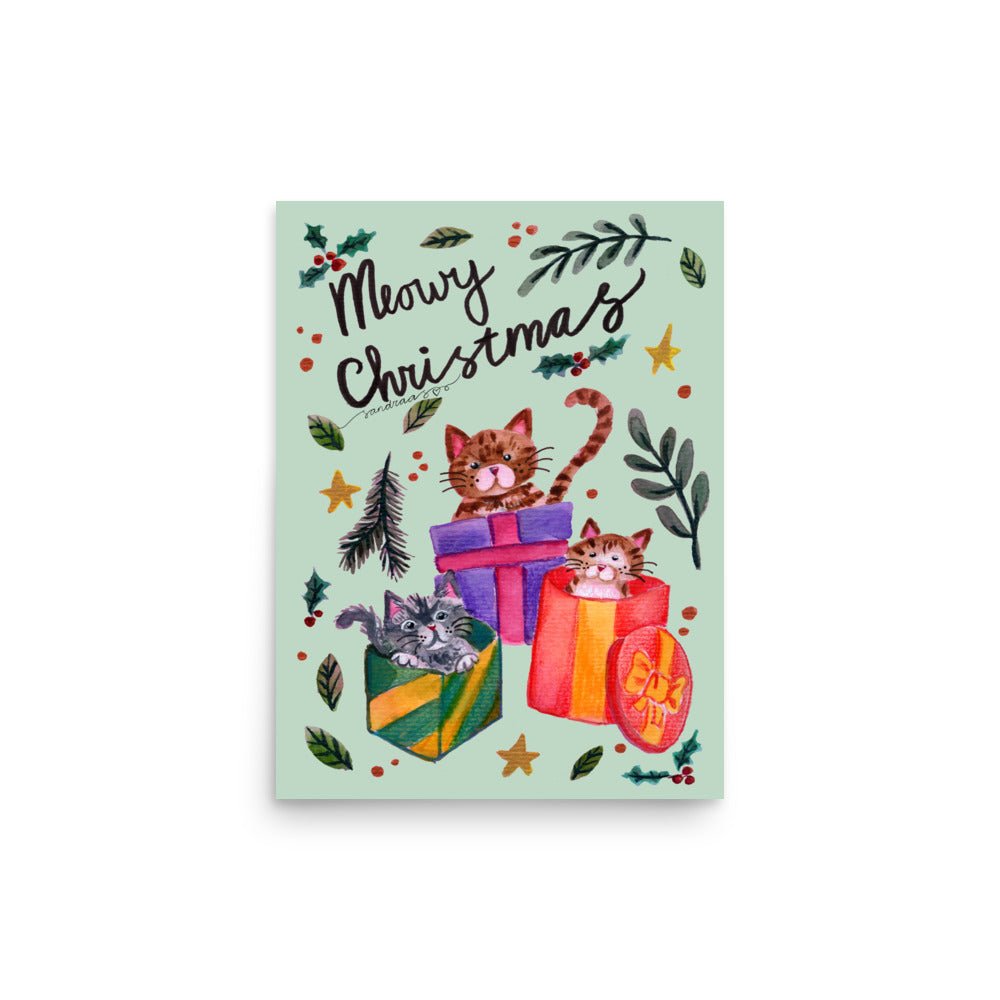 🎄 Christmas Gift Box Cats Poster – Three Whimsical Watercolor Cats Sitting in Festive Presents 😺🎁✨ Light Green Background | Museum - Quality Matte Print - SANDRAAS