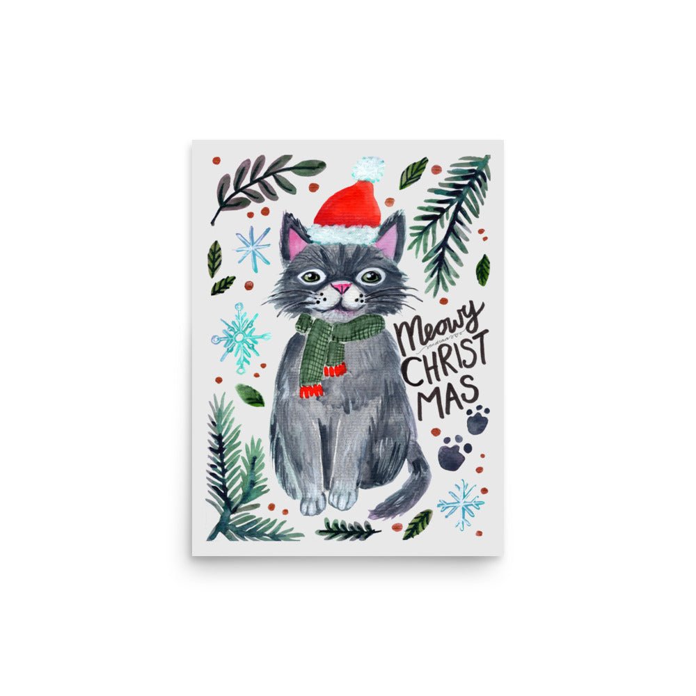 🎄 Meowy Christmas Cat Poster – Whimsical Grey Cat in Santa Hat & Green Scarf 😺🧣✨ Light Grey Background | Museum - Quality Matte Print - SANDRAAS